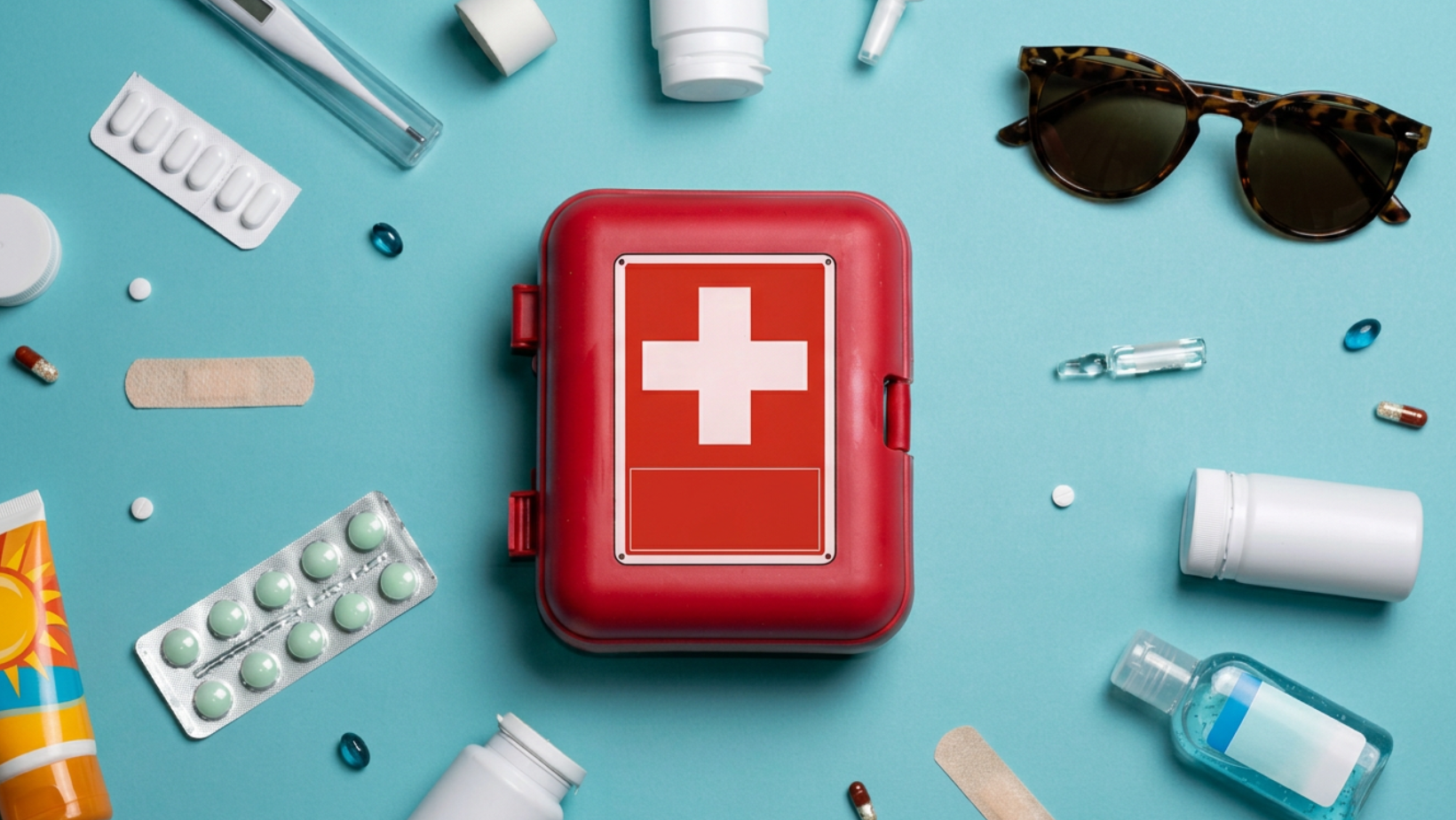 Kit di pronto soccorso rosso con cerotti, blister di compresse, crema solare e occhiali da sole su sfondo azzurro