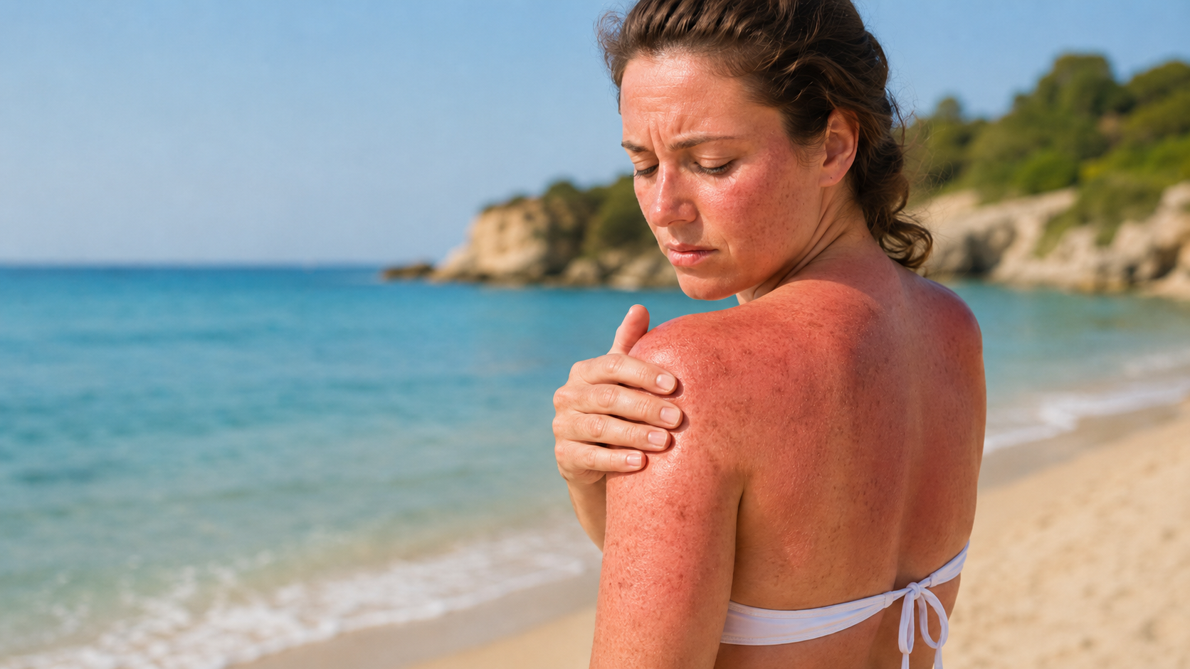 Donna in spiaggia con la spalla arrossata dall'eritema solare, si tocca la pelle scottata dal sole