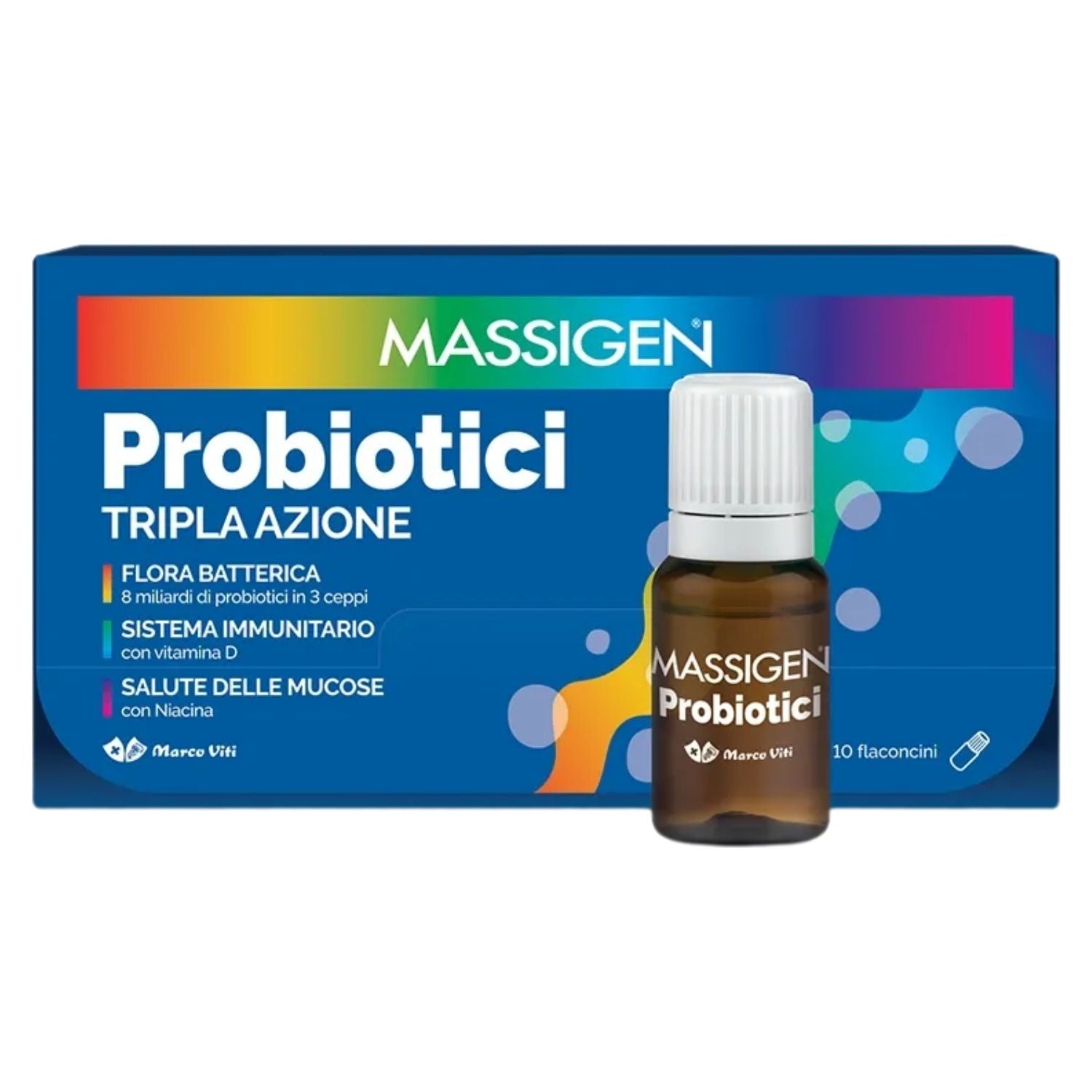 Massigen Probiotici Tripla Azione | Fermenti Lattici Vitamina D | 10 Flaconcini