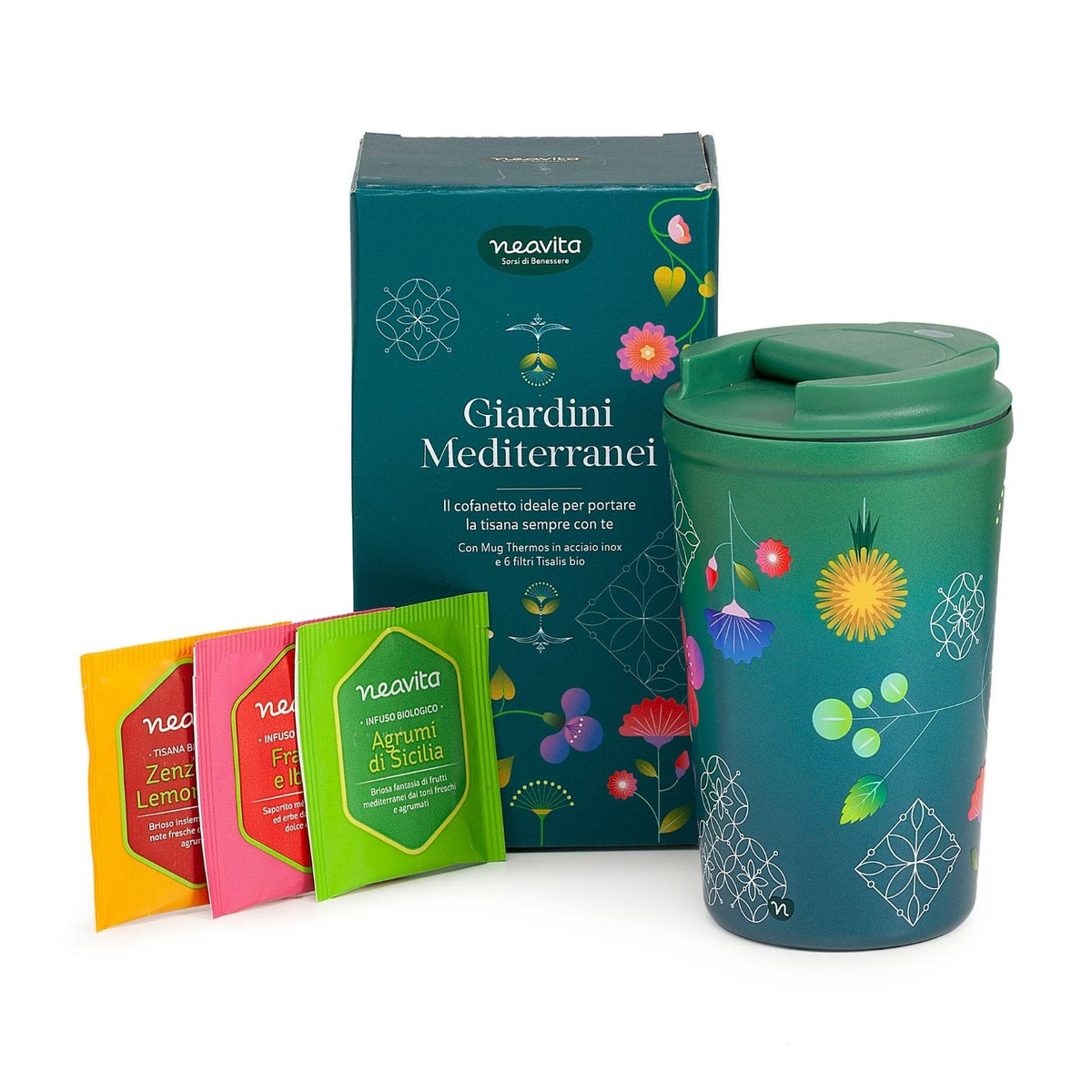 Neavita Cofanetto Giardini Mediterranei | Mug Thermos 350ml + 6 Tisane Bio  