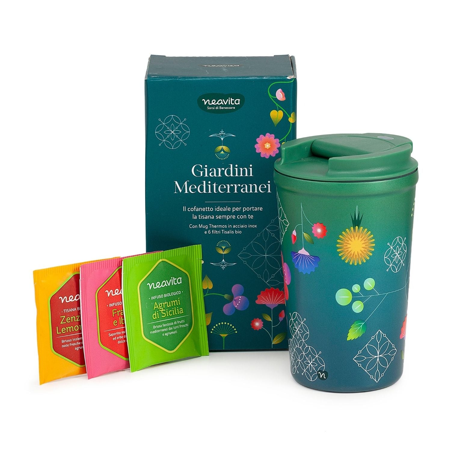 Neavita Cofanetto Giardini Mediterranei | Mug Thermos 350ml + 6 Tisane Bio
