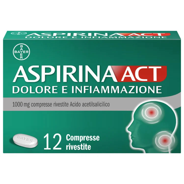 Aspirina ACT Dolore e Infiammazione | Farmaco Acido Acetilsalicilico | 12 Compresse Rivestite 1000mg