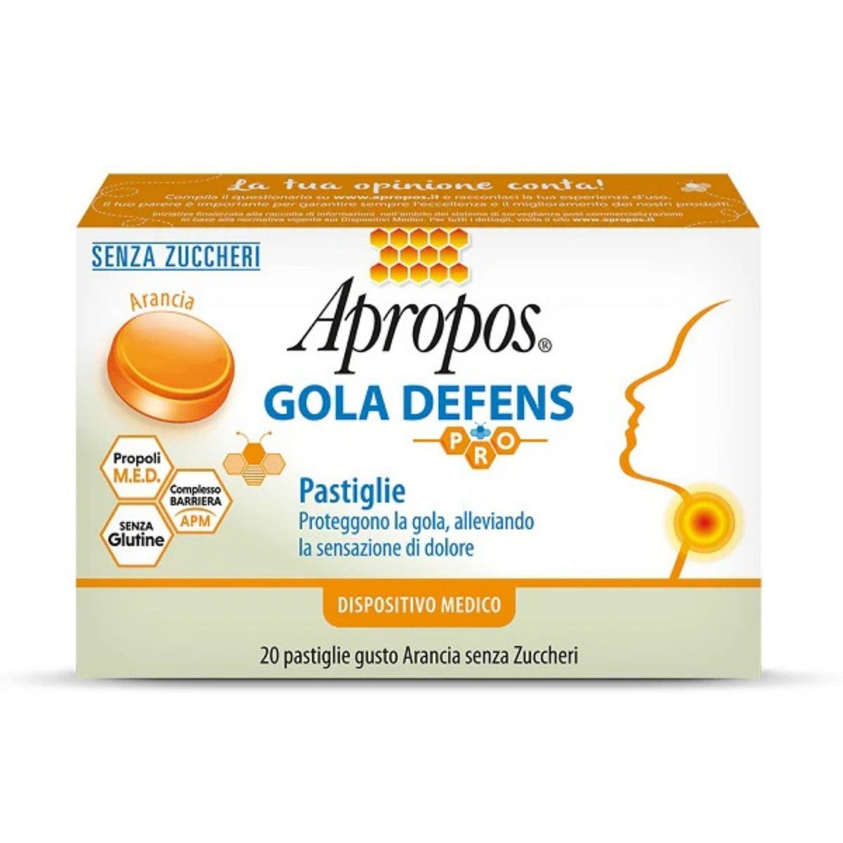 Apropos Gola Defens PRO Senza Zuccheri | Protezione Gola Arancia | 20 Pastiglie  