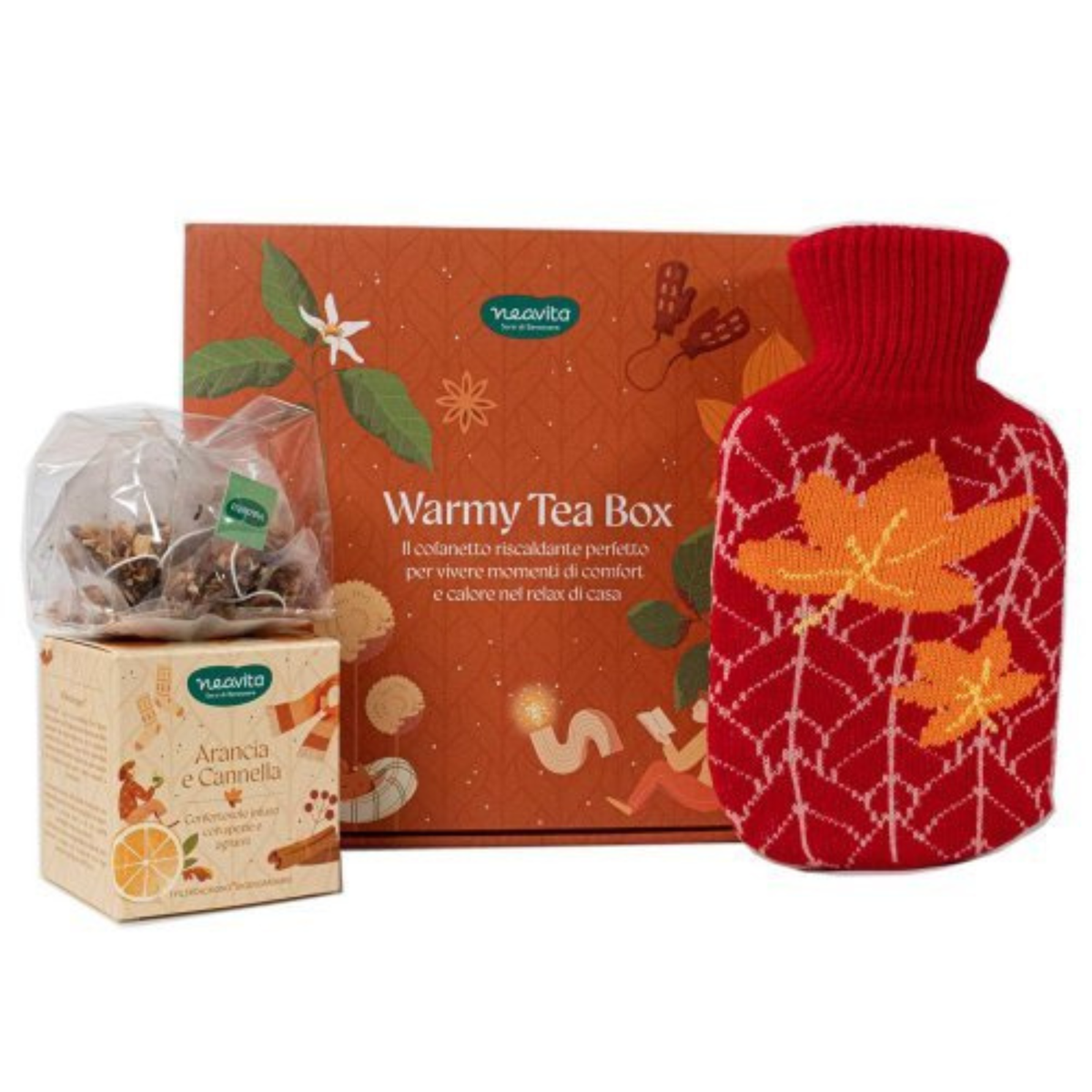 Neavita Cofanetto Warmy Tea Box Boule Per L'Acqua Calda + Infuso Arancia E Cannella 7 Filtri  