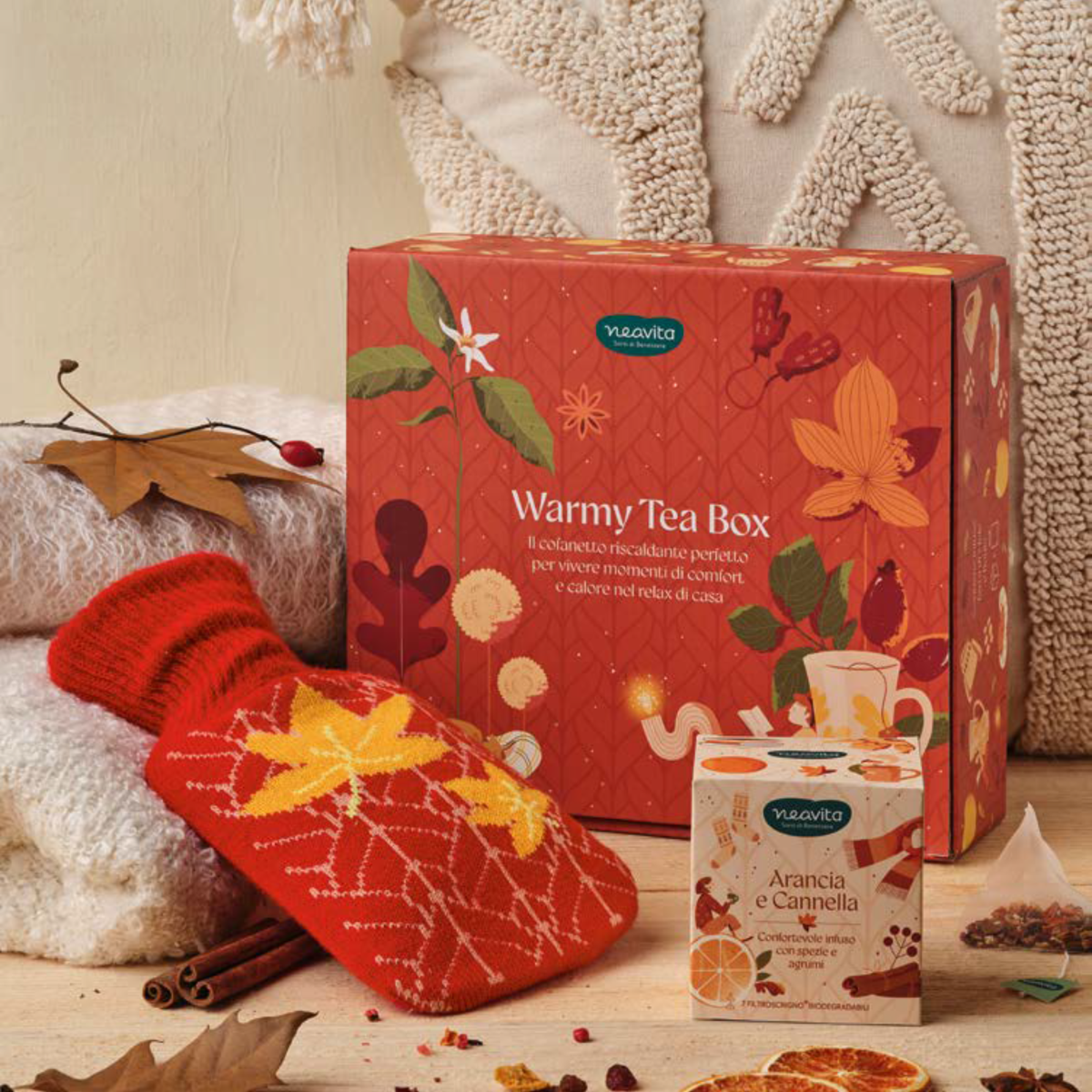 Neavita Cofanetto Warmy Tea Box Boule Per L'Acqua Calda + Infuso Arancia E Cannella 7 Filtri 2 