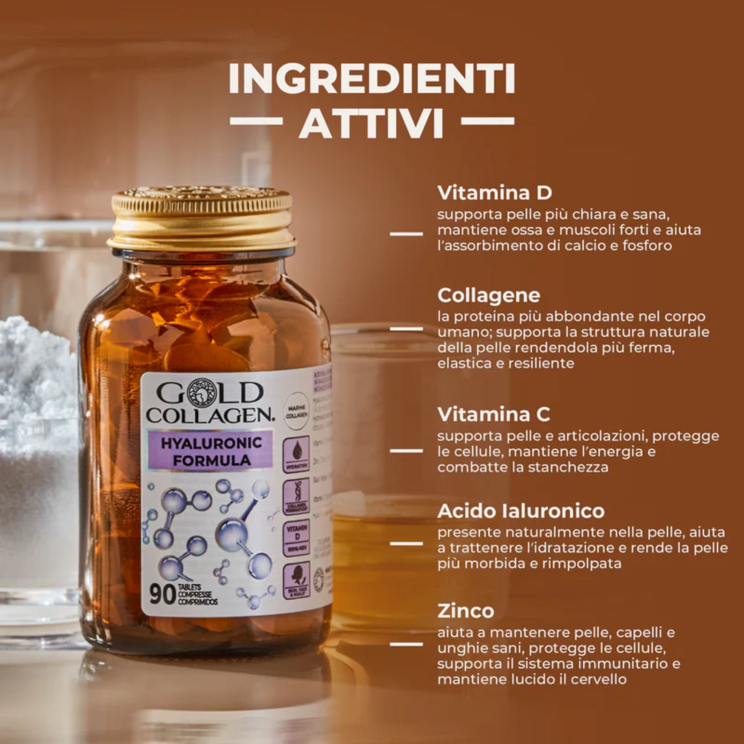 Gold Collagen Hyaluronic Formula | Integratore Acido Ialuronico Idratazione | 30 Compresse 3