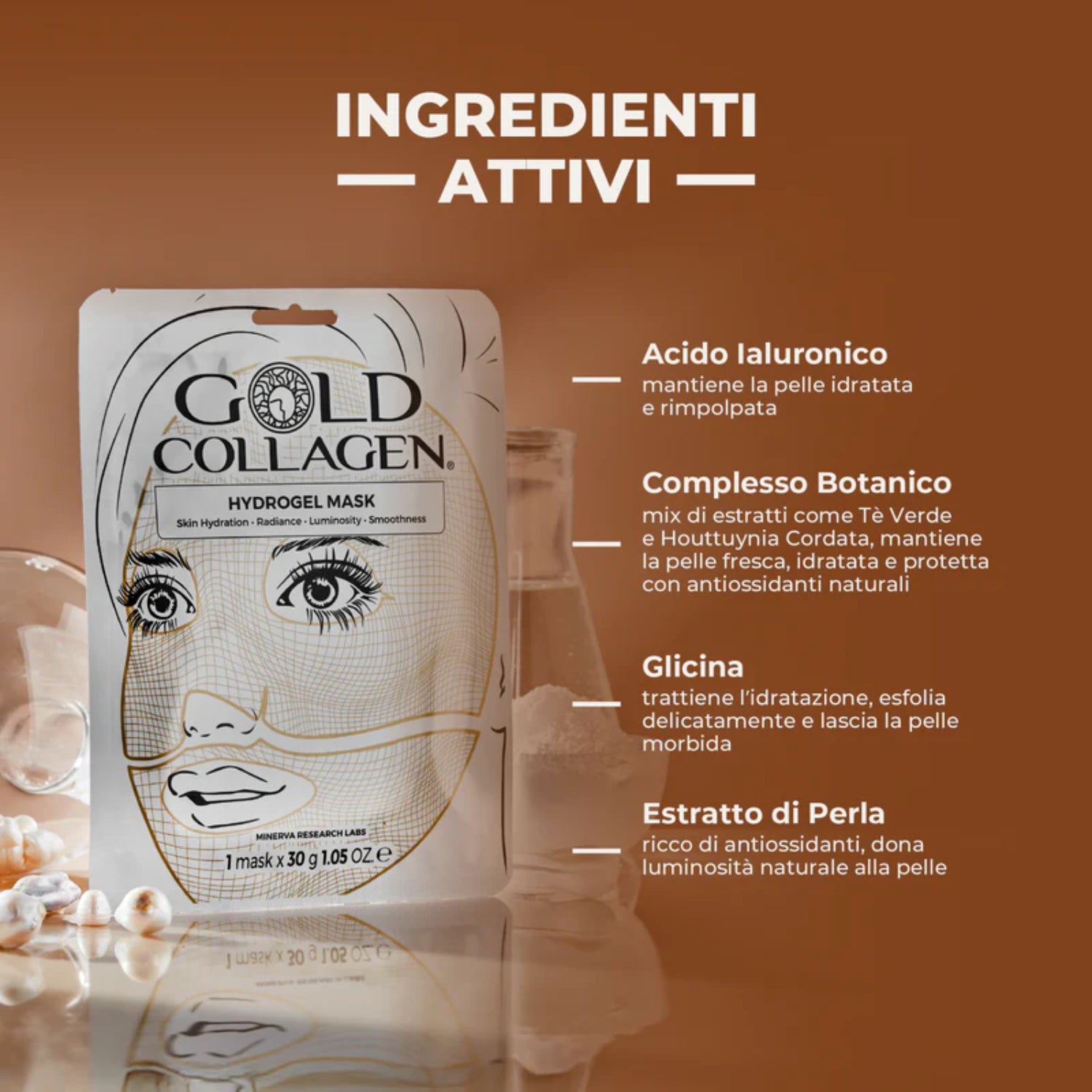Gold Collagen Hydrogel Mask Set | Maschera Viso Idratante Acido Ialuronico | 1 Pezzo