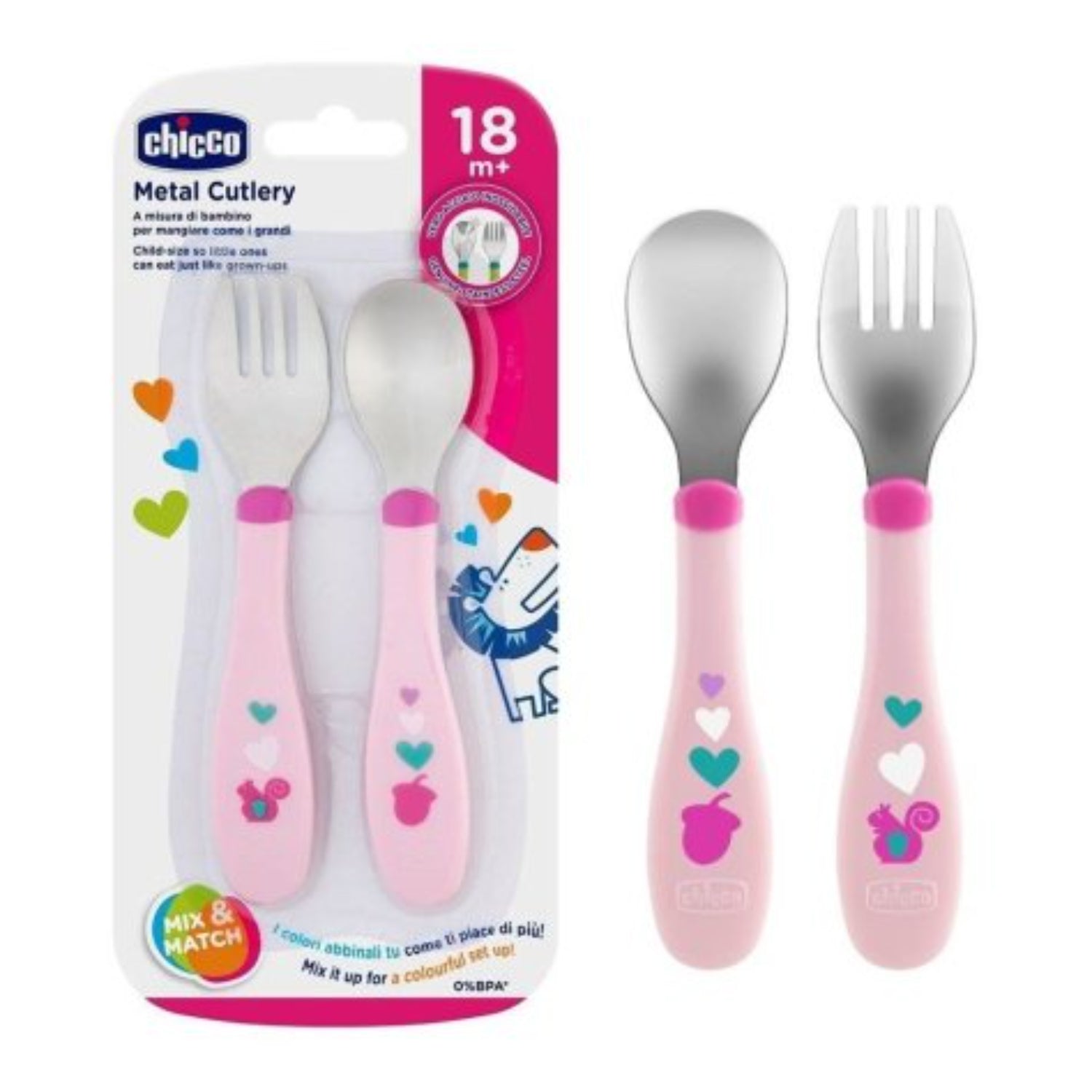 Chicco Posatine Acciaio Inox | Set Posate Bambini 18m+ | Rosa o Verdi
