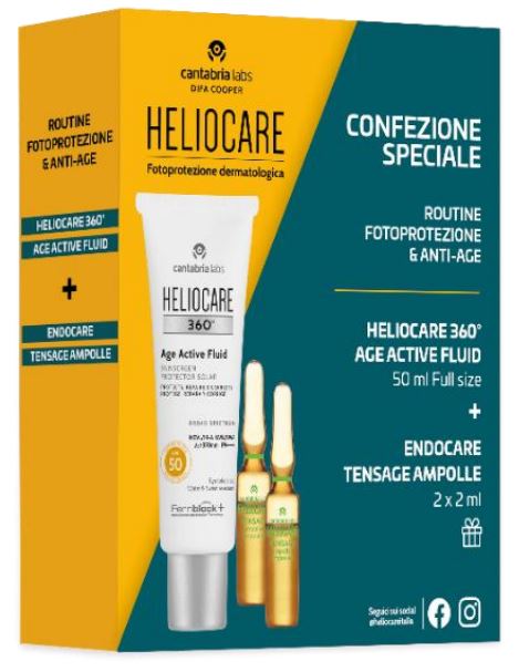 Heliocare 360 Age Active Fluid Spf50 50ml Protezione Solare Molto Alta + Hendocare Tensage 2 Ampolle 2ml