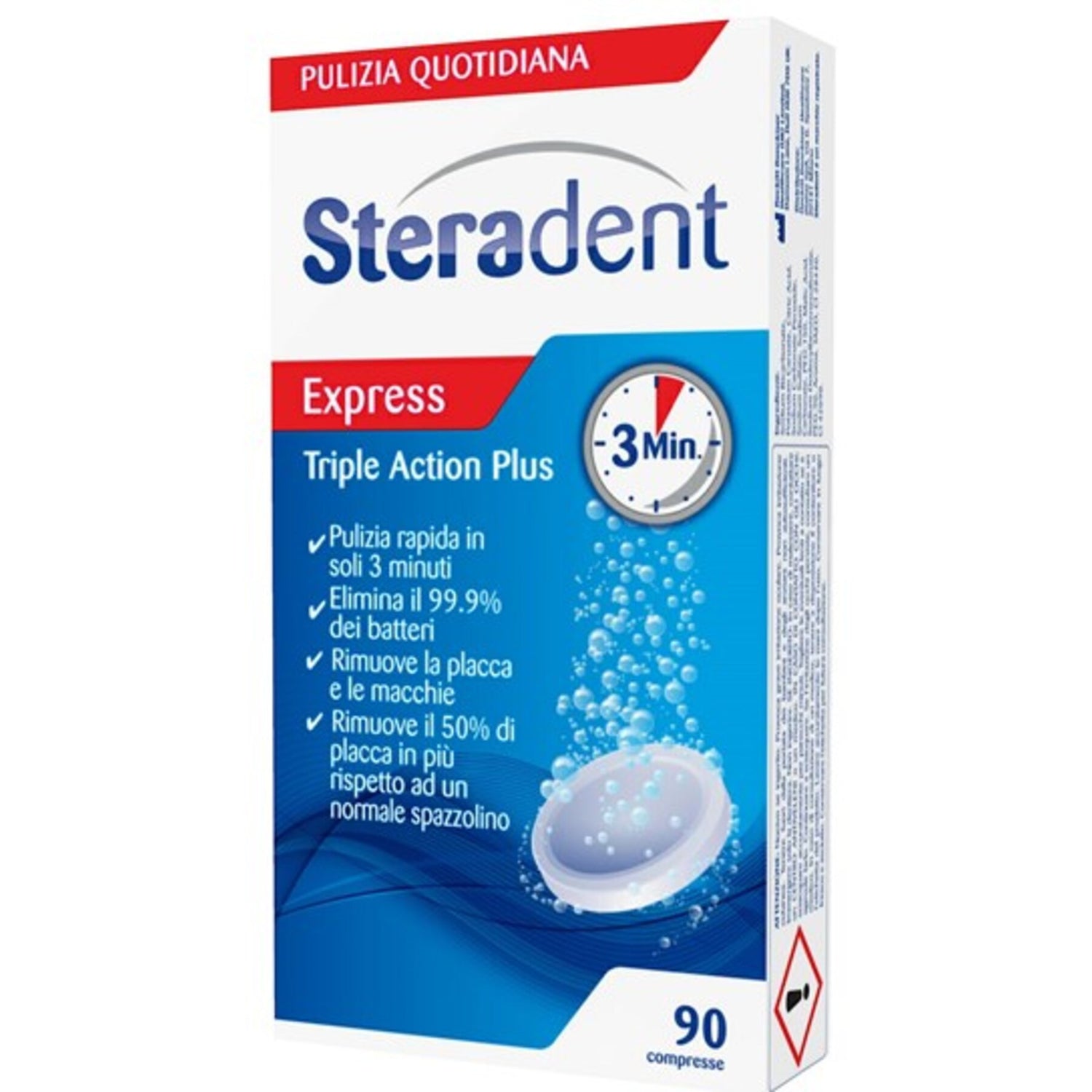 Steradent Triple Action Plus | Igienizzanti Dentiere | 90 Compresse Effervescenti