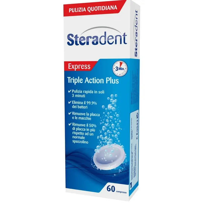 Steradent Triple Action Plus | Compresse Igienizzanti Dentiere Ossigeno Attivo | 60 Compresse