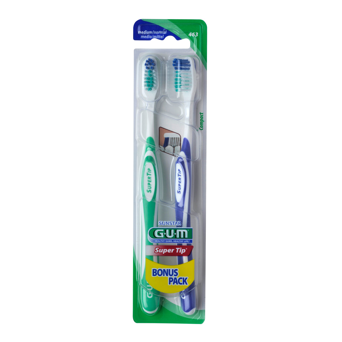 GUM Super Tip 1463 | Spazzolino Compatto Medio con Ciuffo Verde | 2 Pezzi  