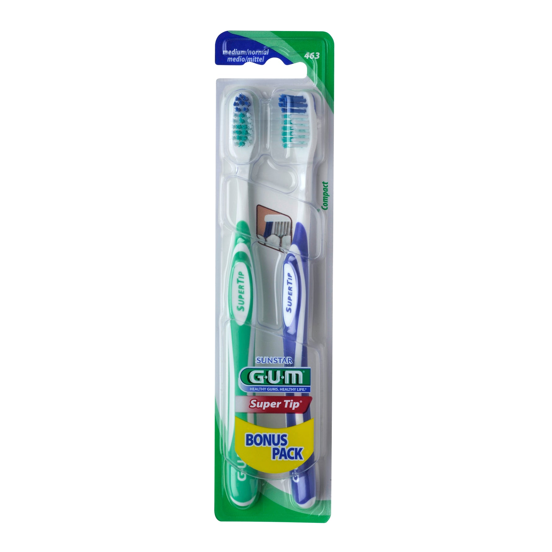GUM Super Tip 1463 | Spazzolino Compatto Medio con Ciuffo Verde | 2 Pezzi

