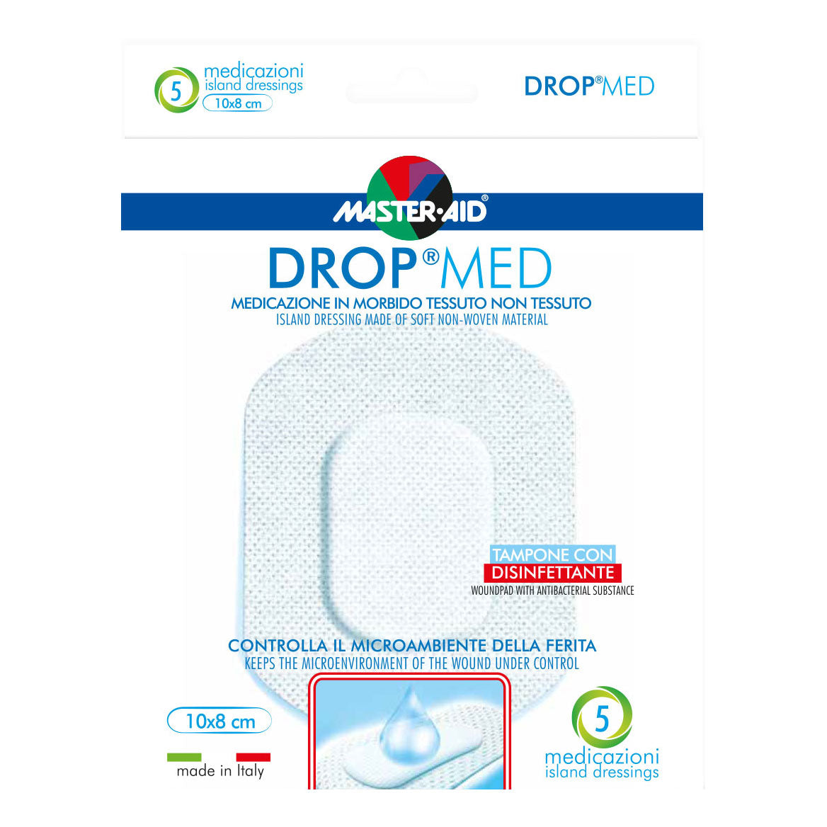 Master Aid Dropmed Medicazione Autoadesiva Dermoattiva Ipoallergenica Aerata 10 X 8cm 5 Pezzi