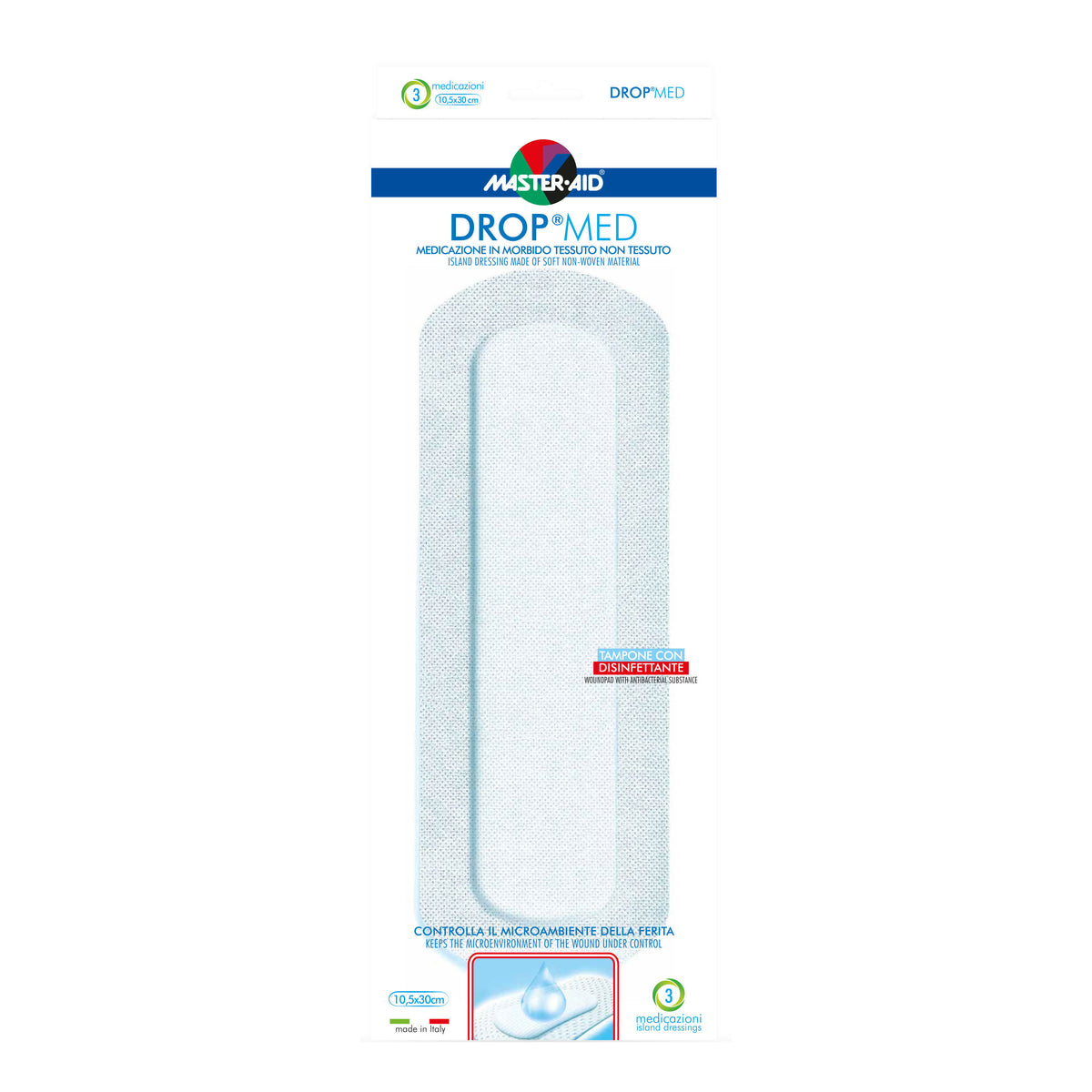 Master Aid Dropmed Medicazione Autoadesiva Dermoattiva Ipoallergenica Aerata 10,5 X 30cm 3 Pezzi  