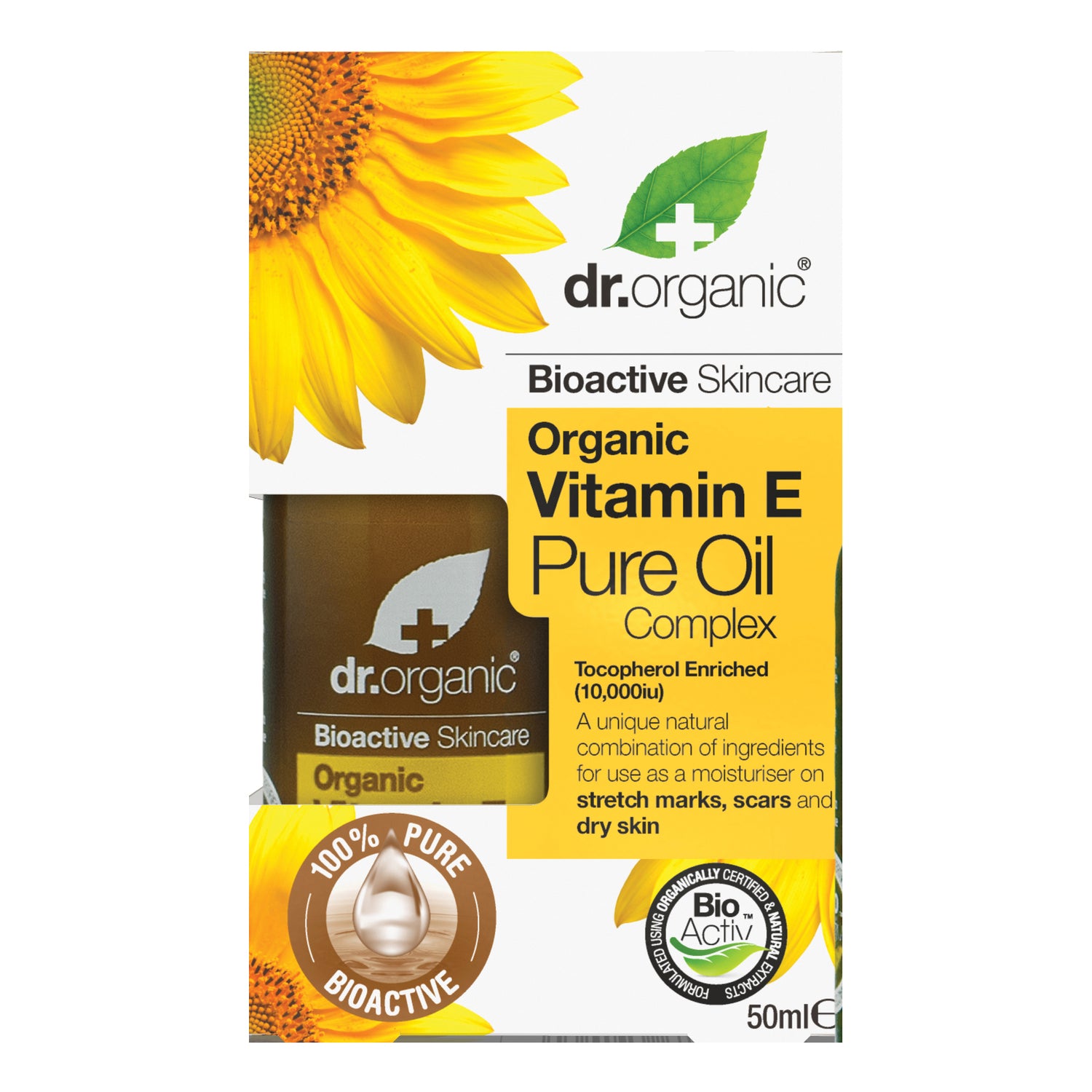Dr. Organic Vitamina E | Olio Viso Corpo Puro Cicatrici Smagliature Antiage | 50 ml