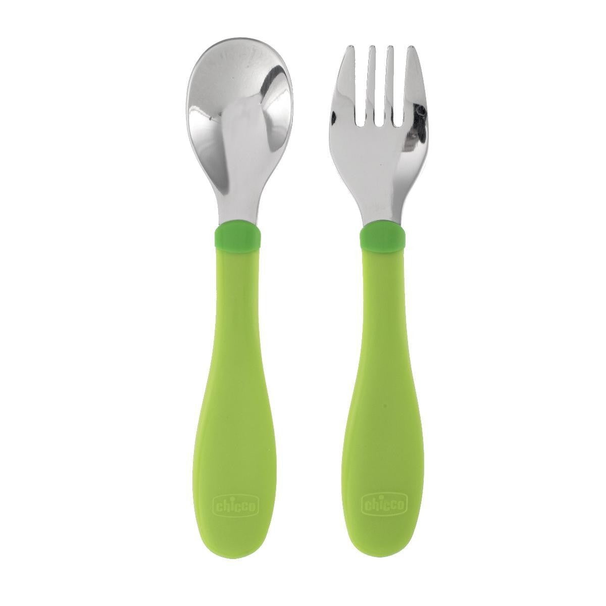 Chicco Set Posatine Inox Confezione Con Forchettina E Cucchiaino Verdi 18m+
