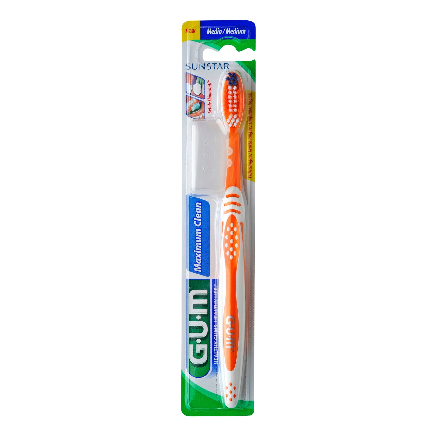 GUM Maximum Clean | Spazzolino Medio con Pulisci Lingua e Setole Sbiancanti