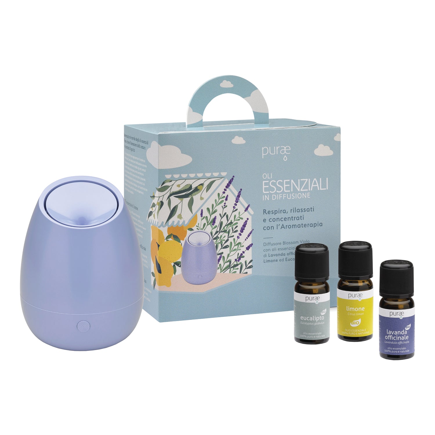 Purae Kit Aromaterapico Con Diffusore Blossom Malva E Oli Essenziali Bio Di Limone Eucalipto E Lavanda Officinale