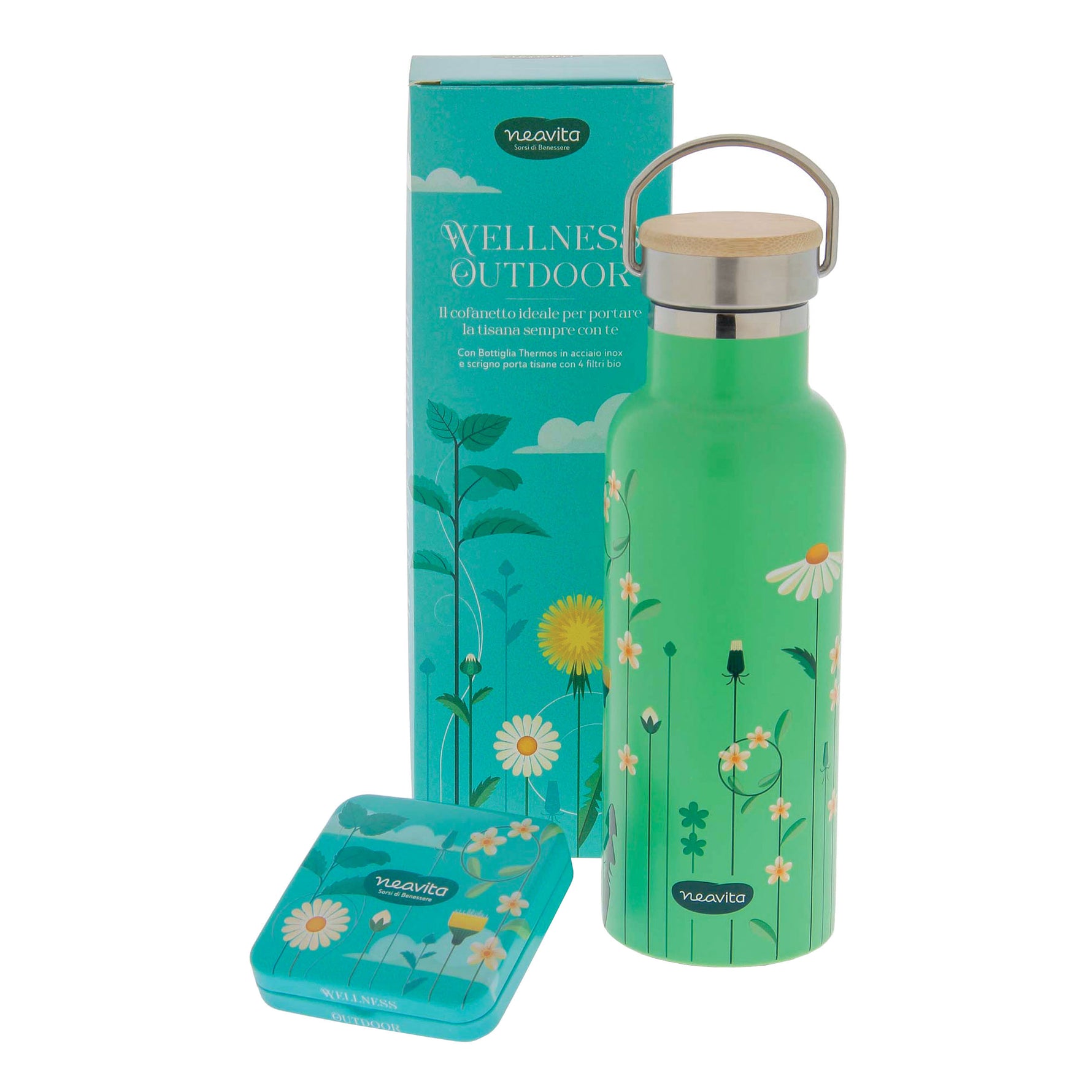 Neavita Cofanetto Wellness Outdoor 4 Filtri Misti Tisana In Small Tin + Bottiglia Thermos 500ml
