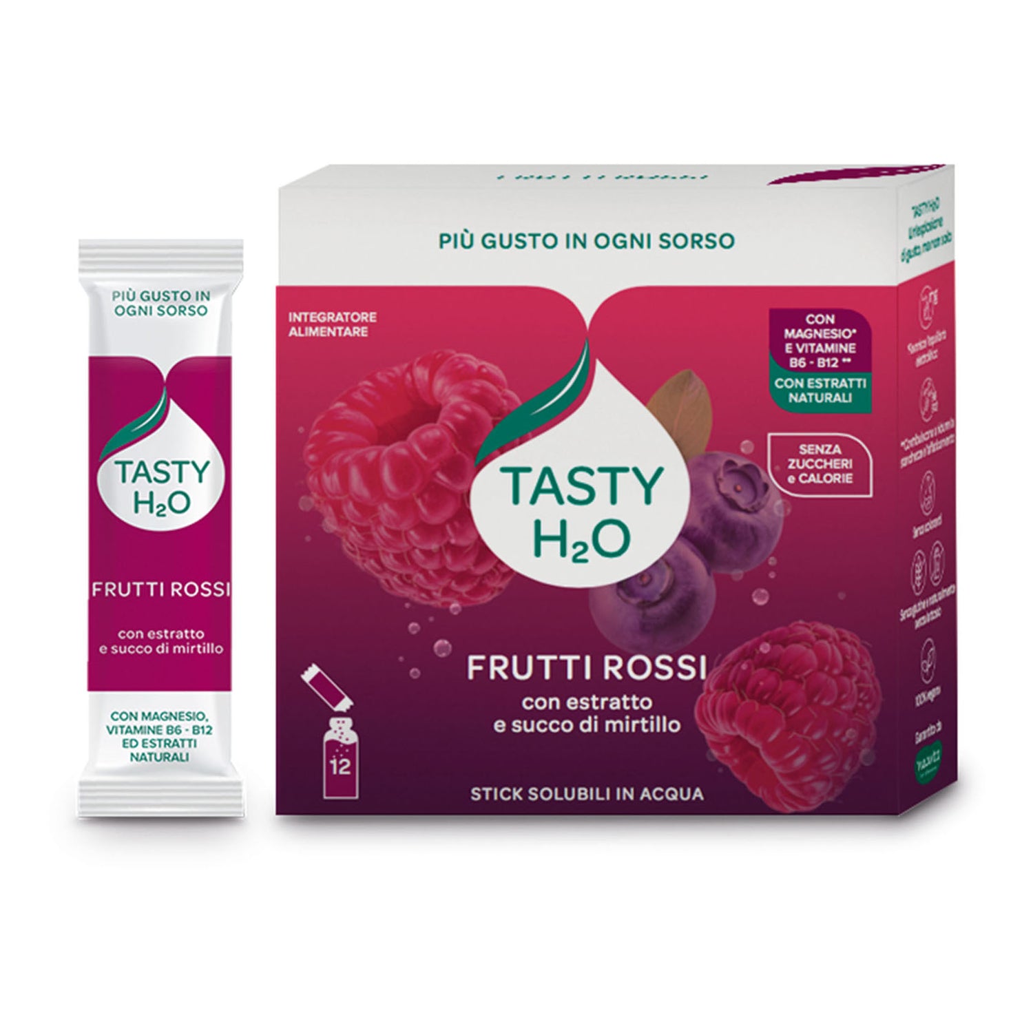 Tasty H2O Frutti Rossi  – Integratore Idrosolubile Con Magnesio E Vitamine B6-B12 12 Stick