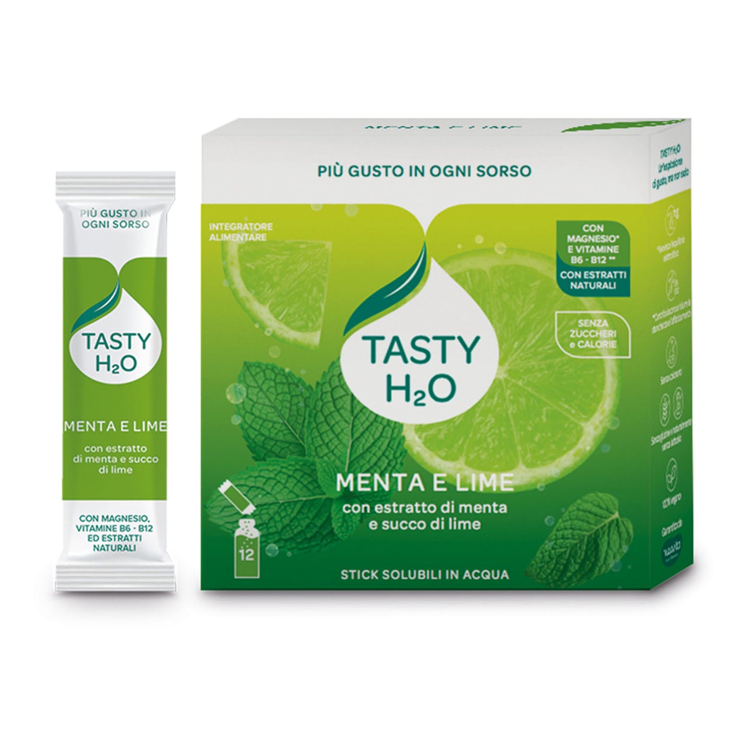 Tasty H2o Menta E Lime – Integratore Idrosolubile Con Magnesio E Vitamine B6-B12 12 Stick