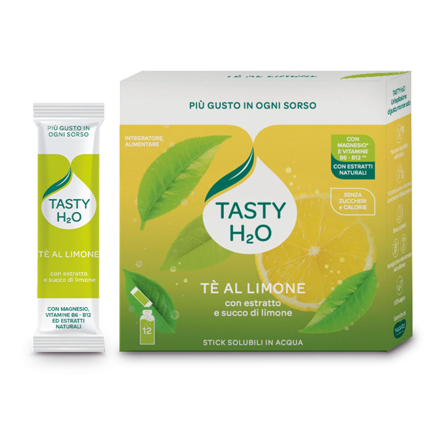 Tasty H2O Tè al Limone – Integratore Idrosolubile Con Magnesio E Vitamine B6-B12 12 Stick