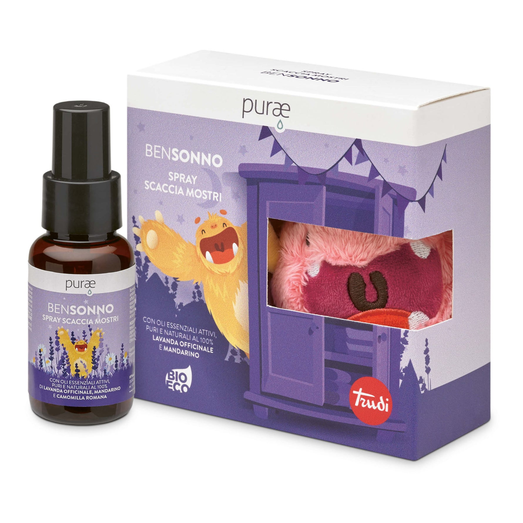 Purae Cofanetto Bensonno | Spray Scaccia Mostri + Peluche Trudi Rosa | 50ml
