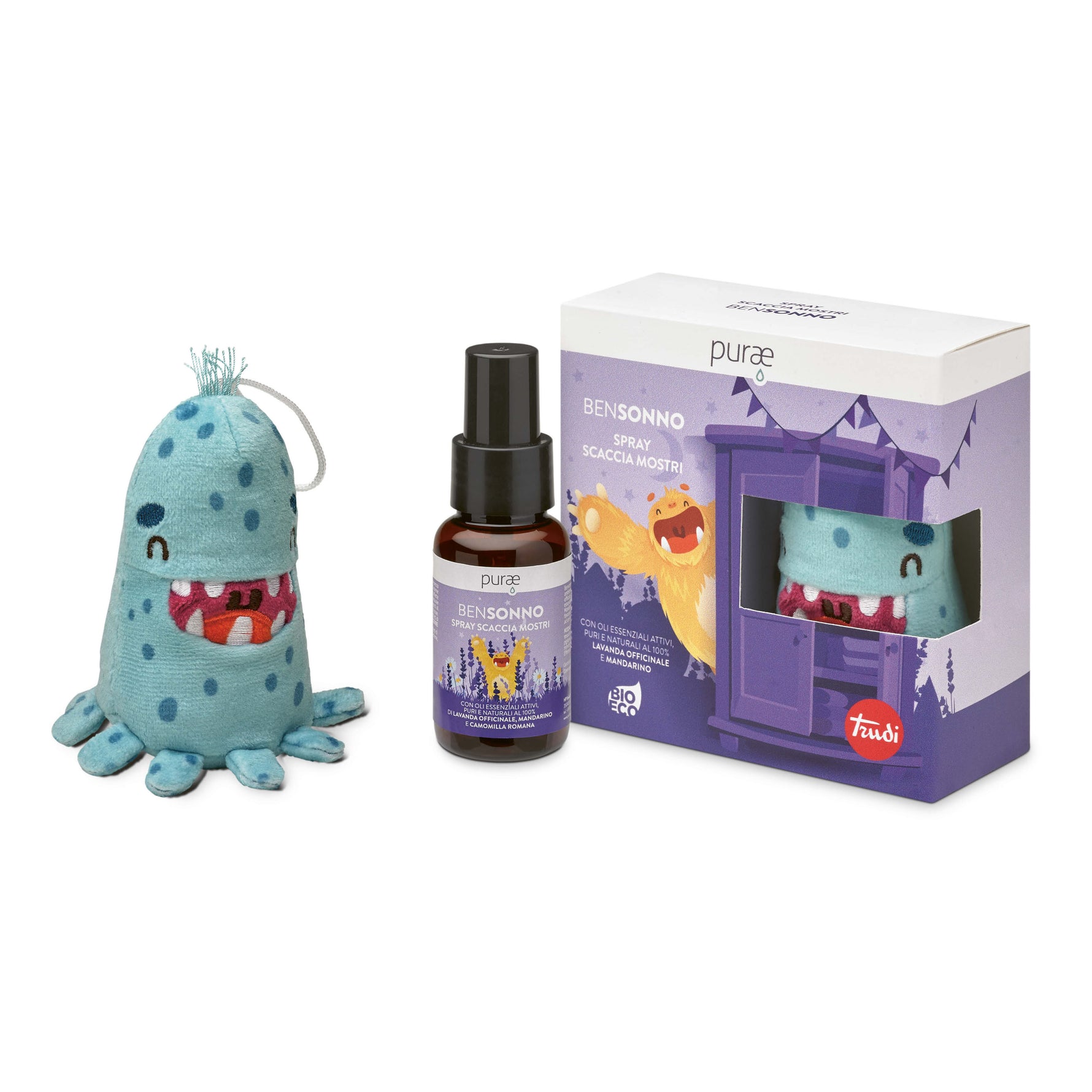 Purae Cofanetto Bensonno | Spray Scaccia Mostri + Peluche Trudi Turchese | 50ml
