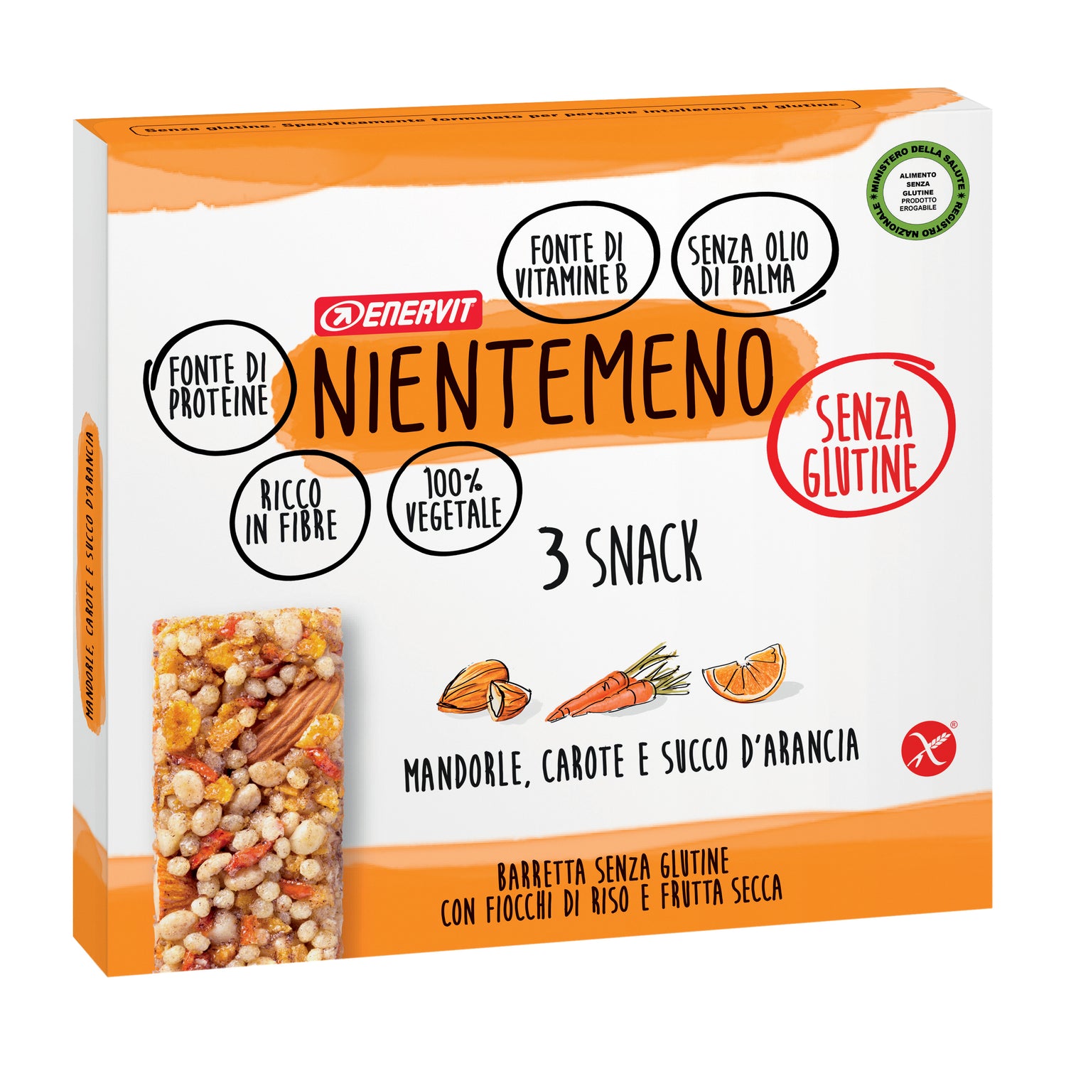 Enervit Nientemeno Snack Barretta Mandorle Carote E Succo Arancia 3 X 21g