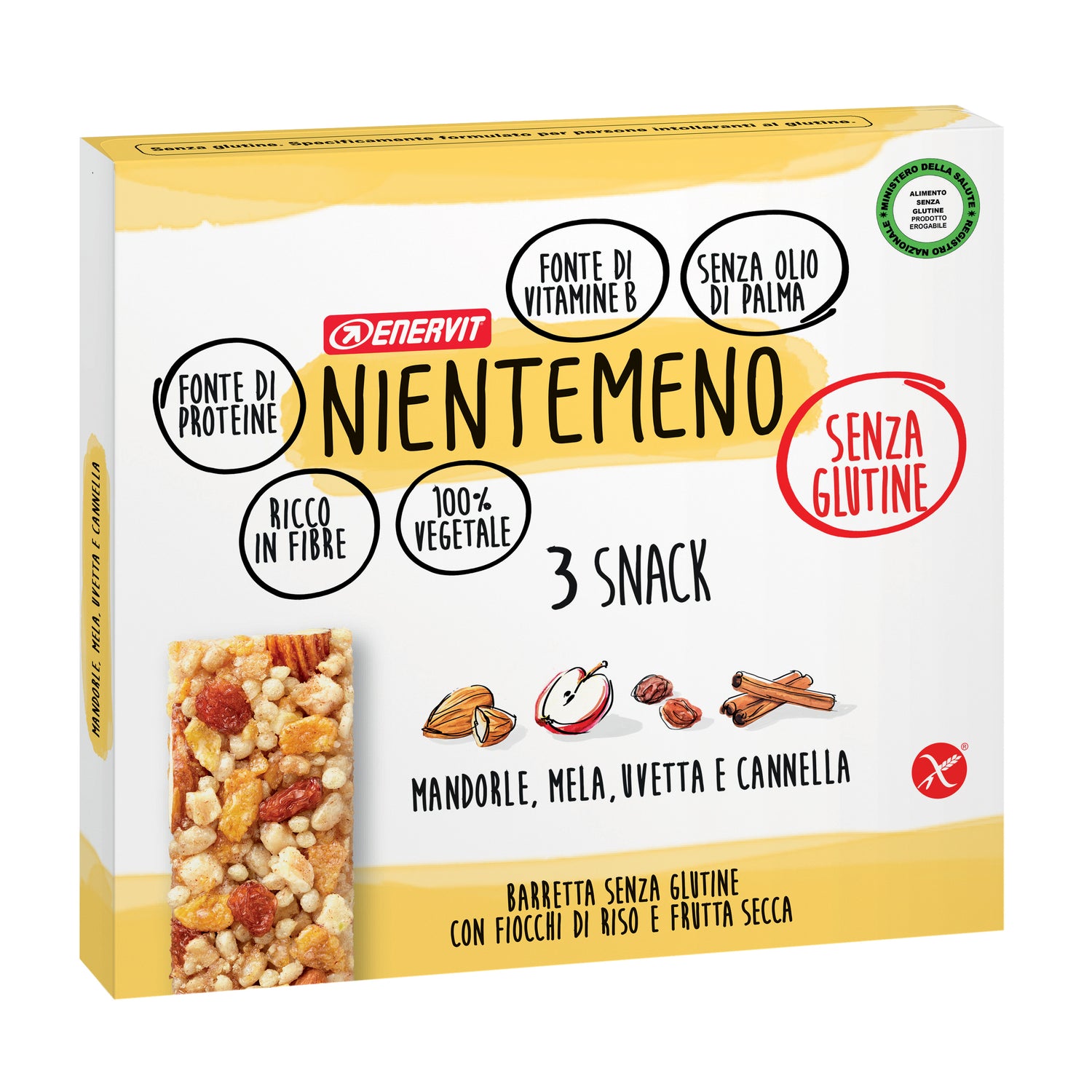 ENERVIT NIENTEMENO Snack Barretta Mandorle Mela Uvetta e Cannella 3 x 21g