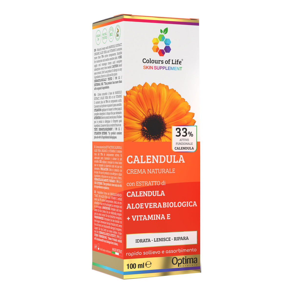 Calendula 33% Crema | Lenitiva Idratante Pelle Sensibile Aloe Vera Optima Colours of Life | 100ml  