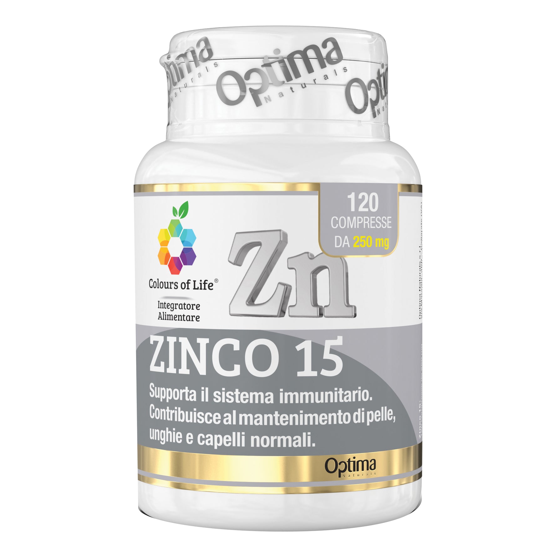 Zinco 15mg | Sistema Immunitario Capelli Unghie Optima Colours of Life | 120 Compresse

