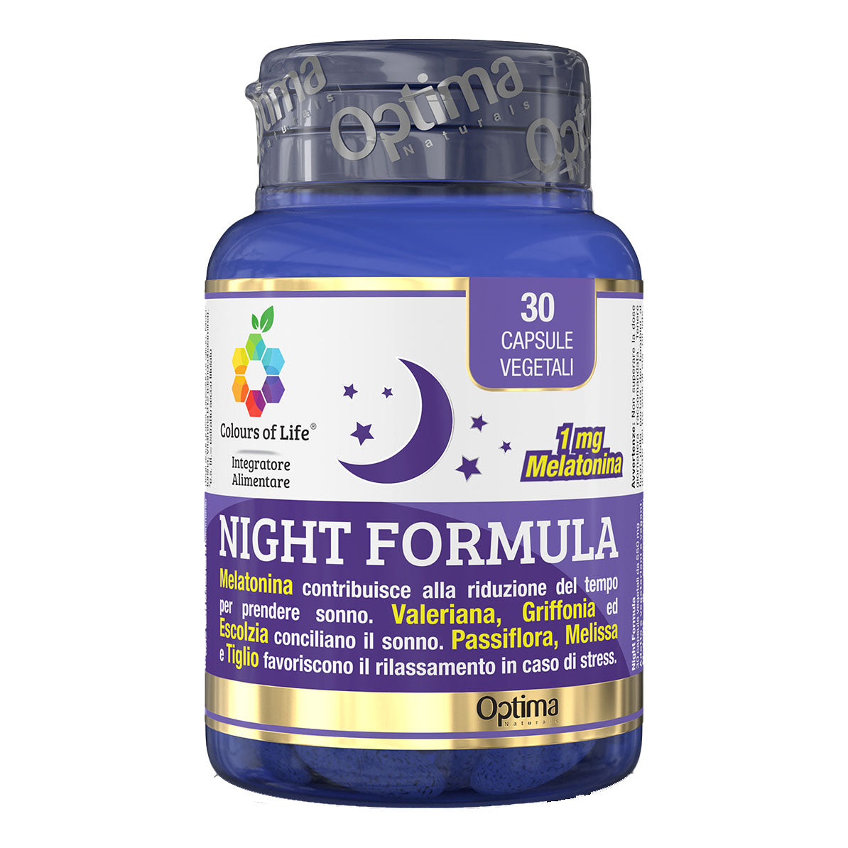 Night Formula | Integratore Sonno Melatonina 1mg Valeriana Griffonia Optima Colours of Life | 30 Capsule Veg  