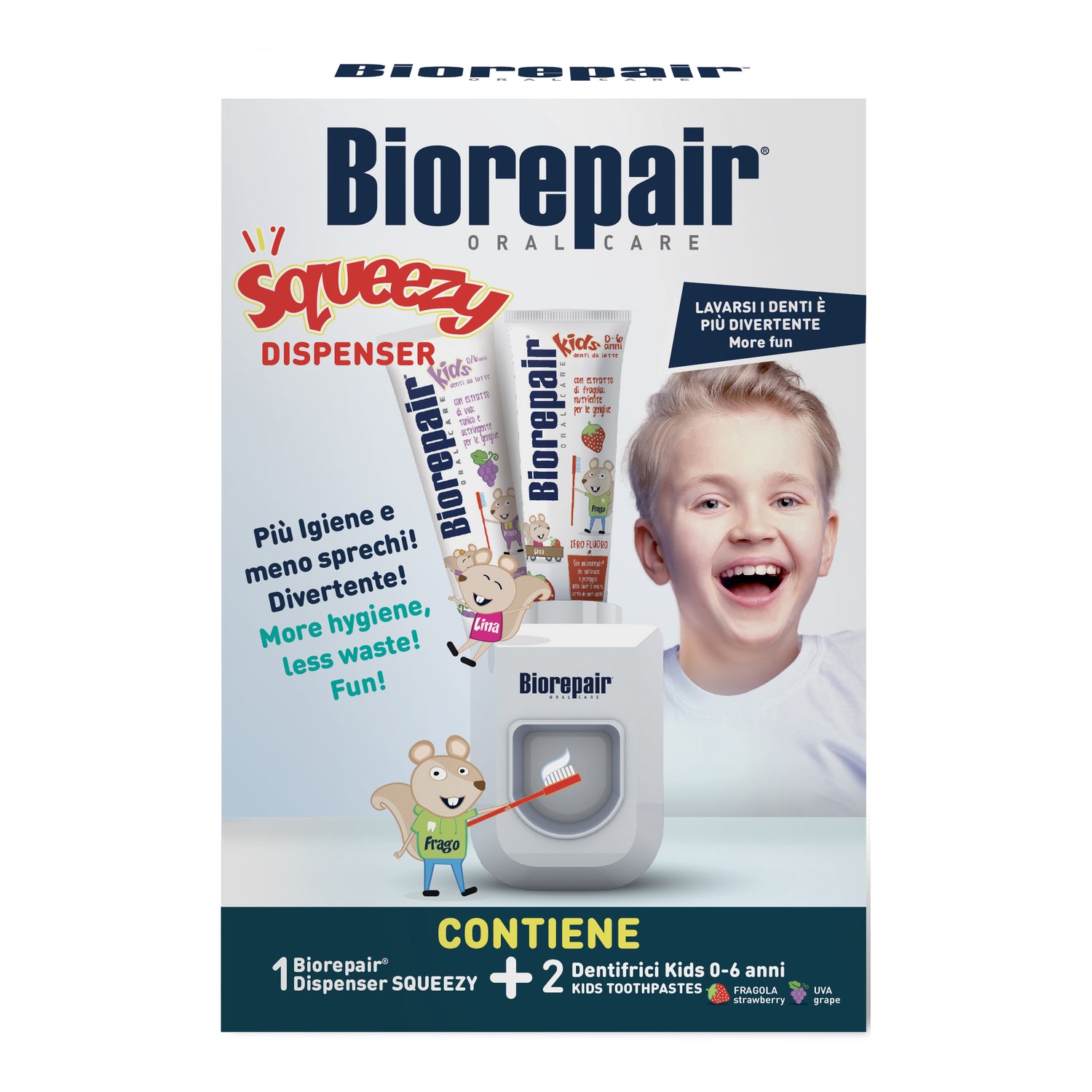 Biorepair Squeezy Dispenser + 2 Dentifrici Kids 0-6 Anni Gusto Fragola E Uva 2 X 50ml
