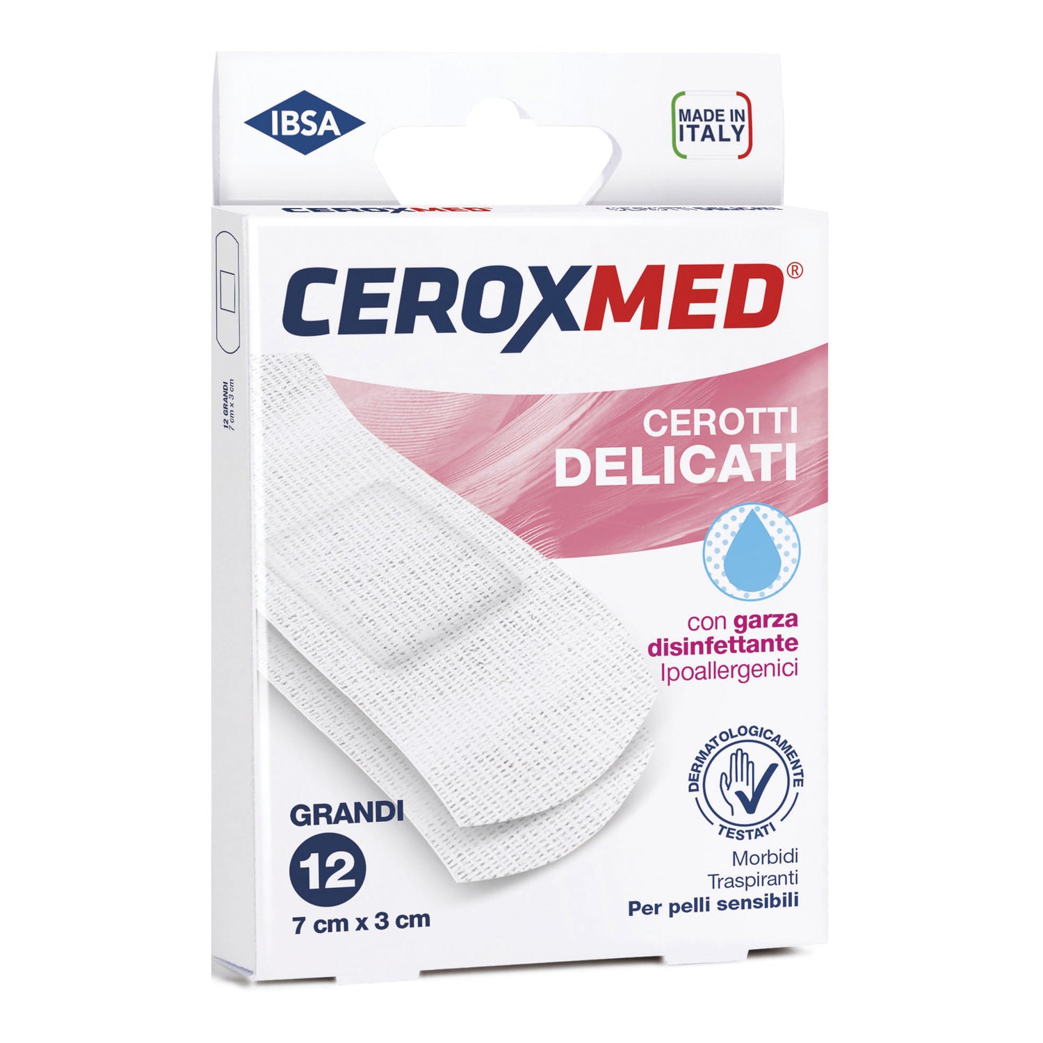Ceroxmed | Cerotti Delicati con Garza alla Clorexidina 7 cm x 3 cm | 12 Pezzi