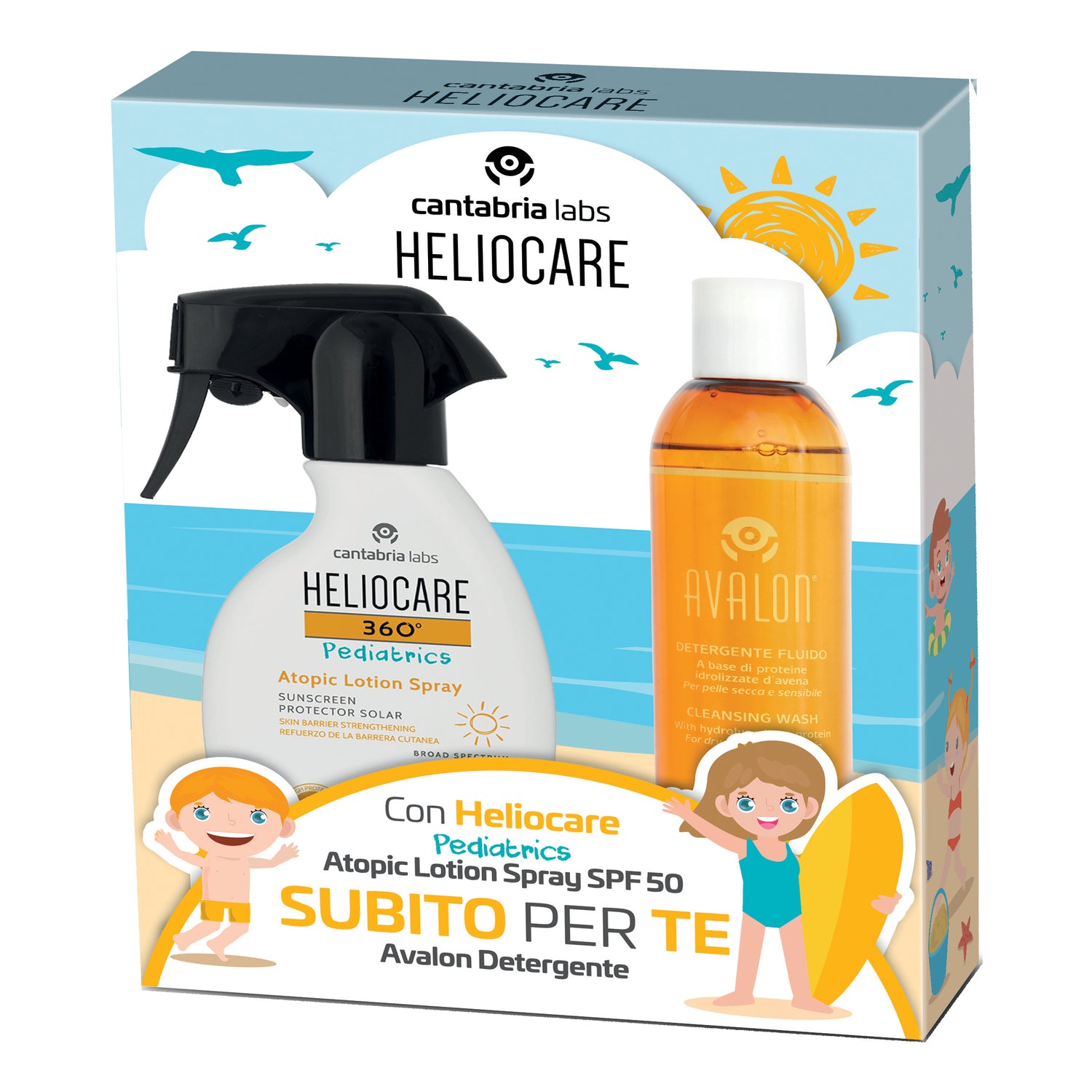 Heliocare 360 Pediatrics Atopic Lotion Spf50+ Spray Solare Corpo 250ml + Avalon Detergente Fluido 250ml Omaggio