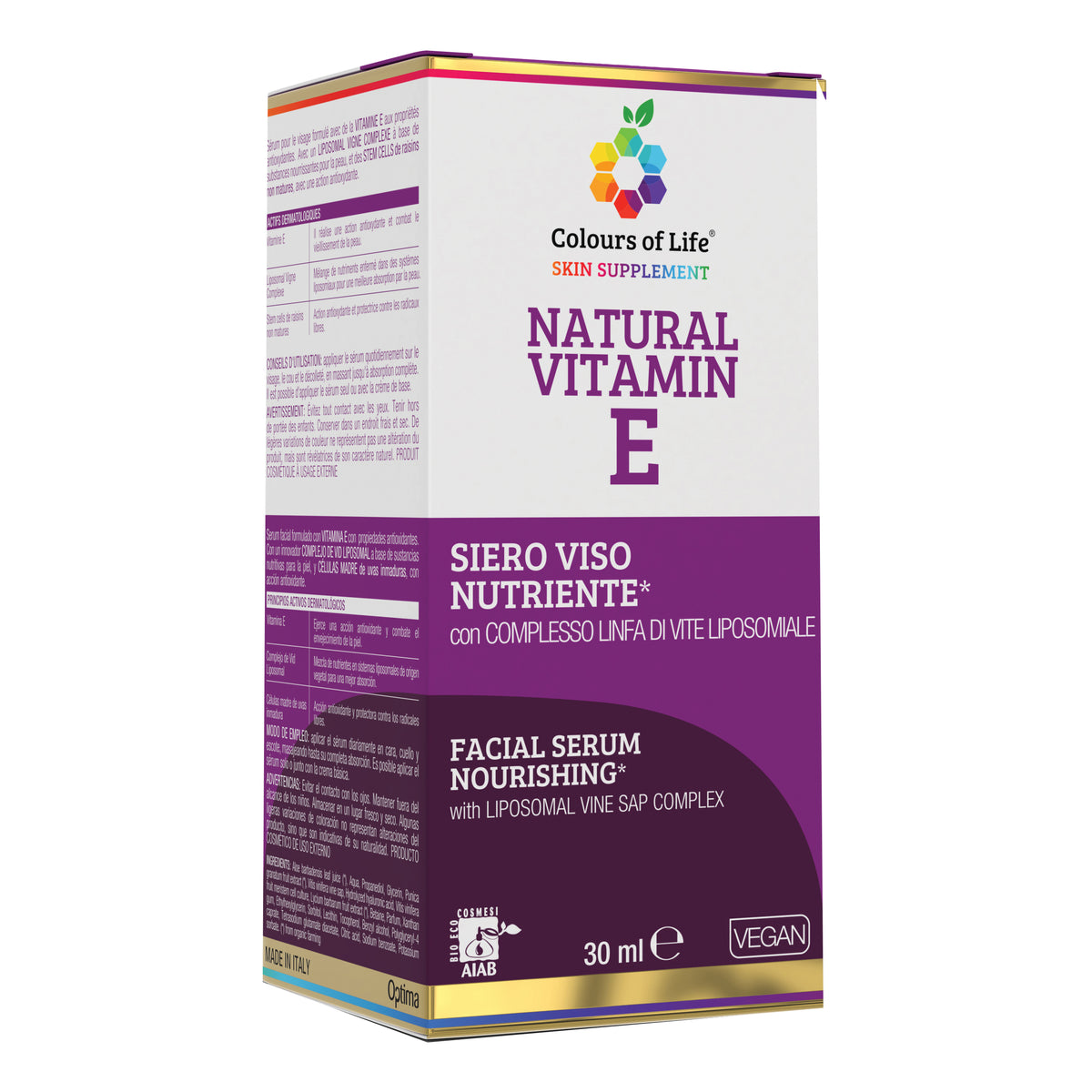 Natural Vitamin E Siero Viso | Nutriente Antiossidante Acido Ialuronico Cellule Staminali Optima Colours of Life | 30ml  