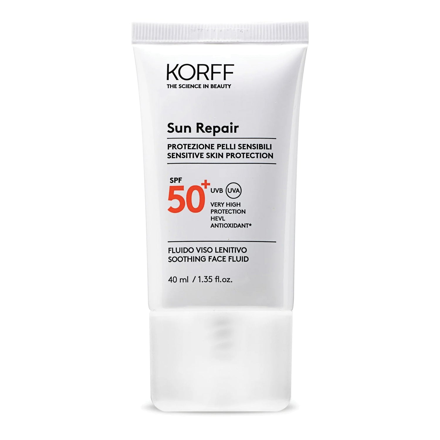 Korff Sun Repair Fluido Solare Viso Lenitivo Pelli Sensibili Protezione Solare Molto Alta Spf50+ 40ml