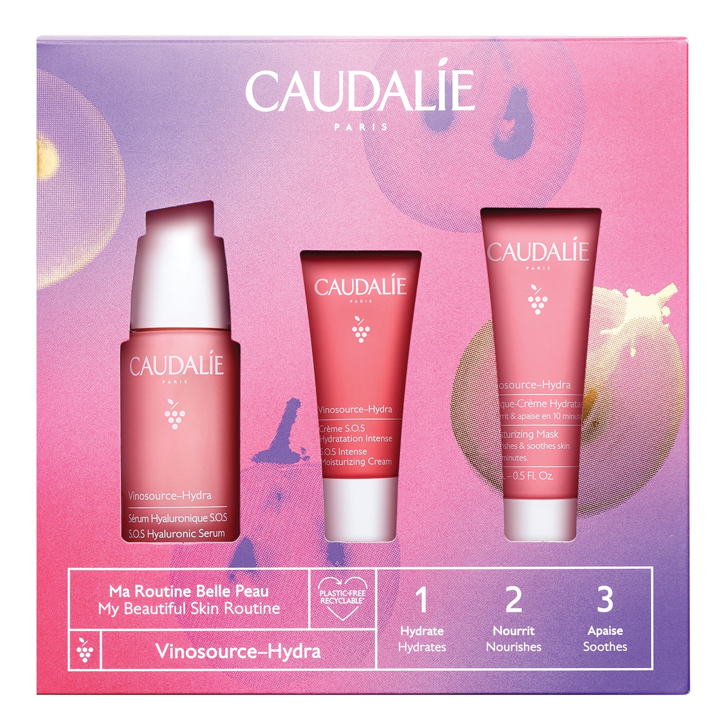 Caudalie Cofanetto Vinosource-Hydra - Siero Ialuronico S.O.S 30ml + Crema S.O.S Idratazione Intensa 15ml Omaggio + Maschera-Crema Idratante 15ml Omaggio