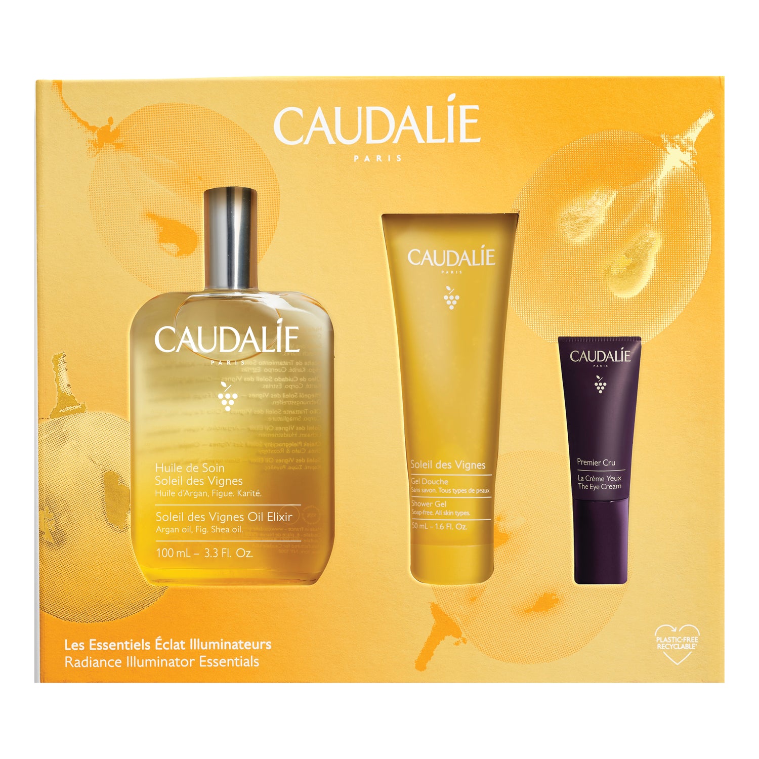 Caudalie Cofanetto Gli Essenziali di luminosità - Olio Trattante Soleil des Vignes 100ml + Gel Doccia Soleil des Vignes 50ml + La Crema Occhi Premier Cru 5ml