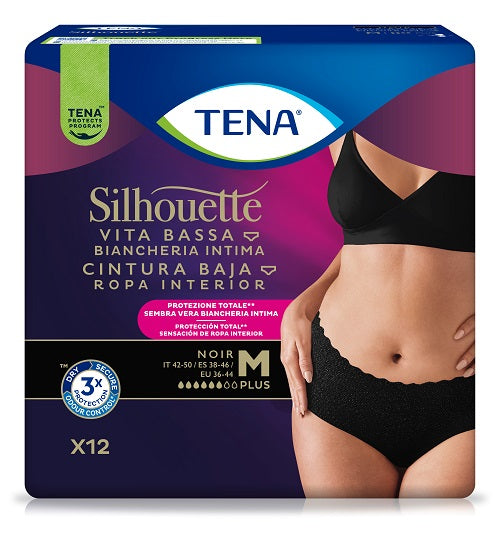 Tena Silhouette Noir Plus M Vita Bassa – Mutandine Assorbenti Nere Per Perdite Urinarie Moderate 12 Pezzi