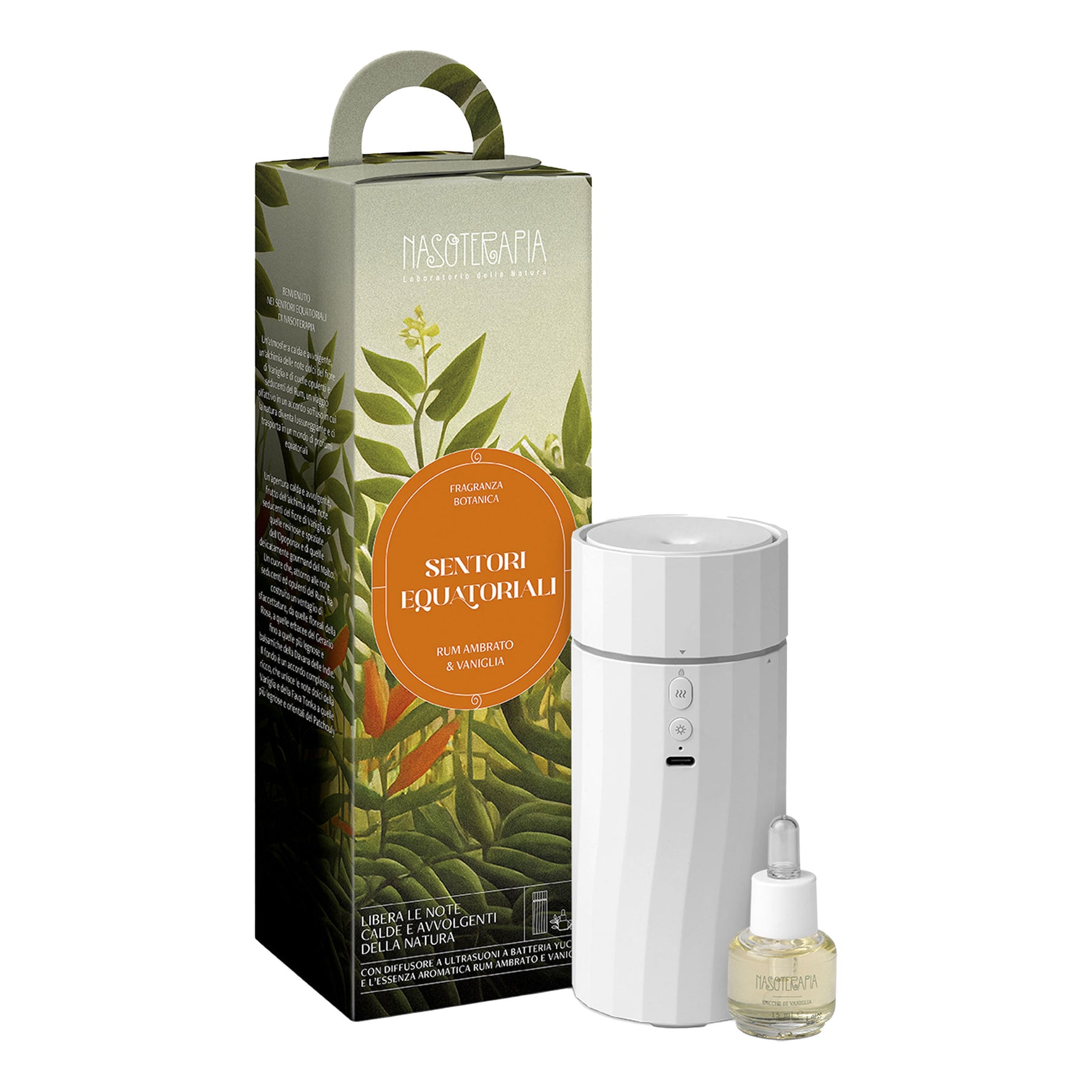 Nasoterapia Kit Sentori Equatoriali - Diffusore Ad Ultrasuoni Yucca E Essenza Aromatica Rum Ambrato &amp; Vaniglia
