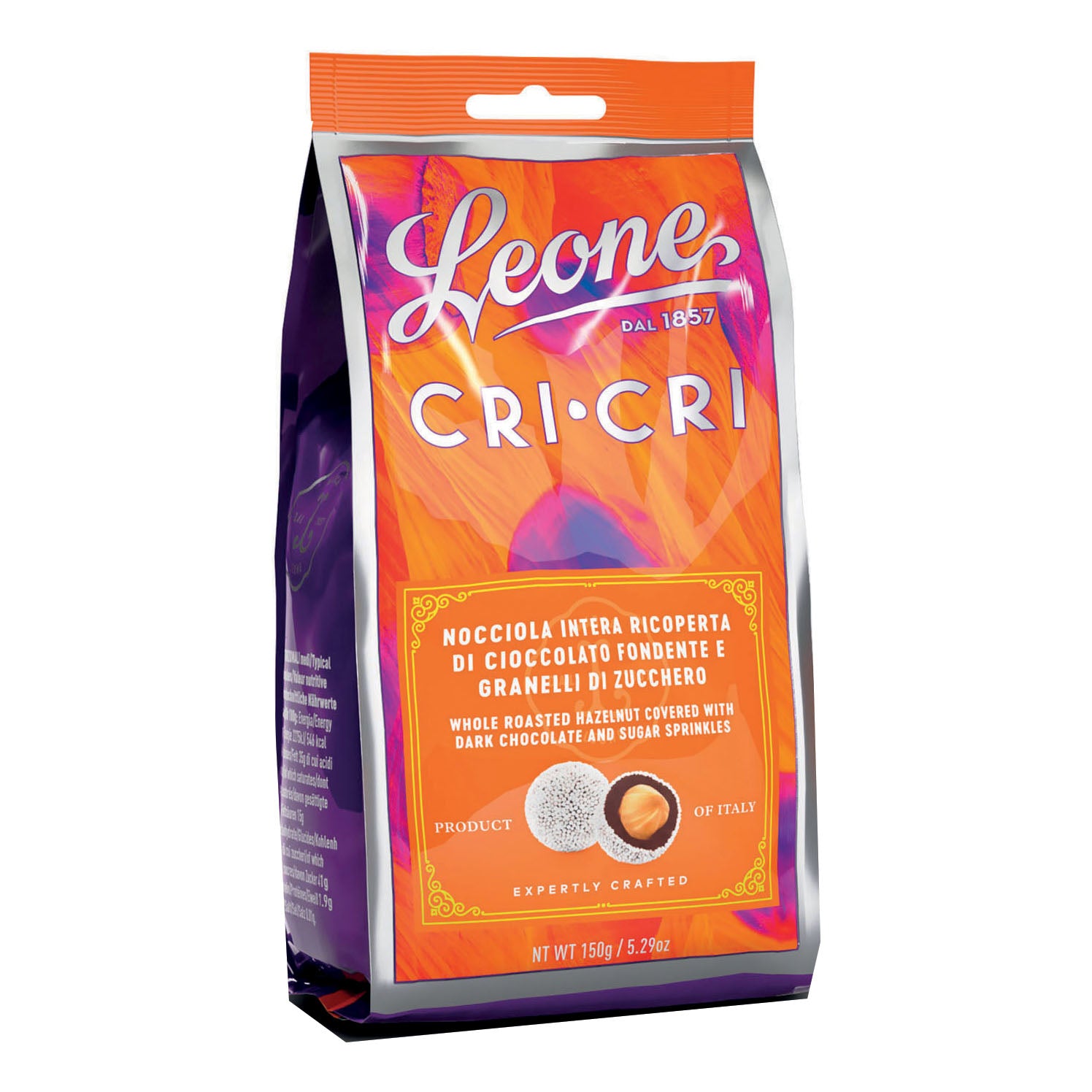 Leone Cri Cri Nocciola Ricoperta Di Cioccolato Fondente Con Granelli Di Zucchero Sacchetto 150g