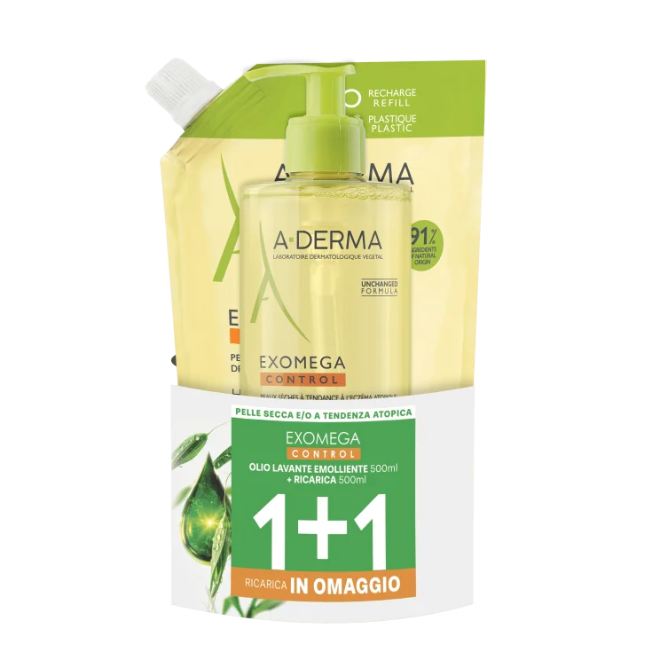 A-Derma Exomega Control | Olio Lavante Emolliente Pelle Atopica | Duo Pack 500ml+500ml