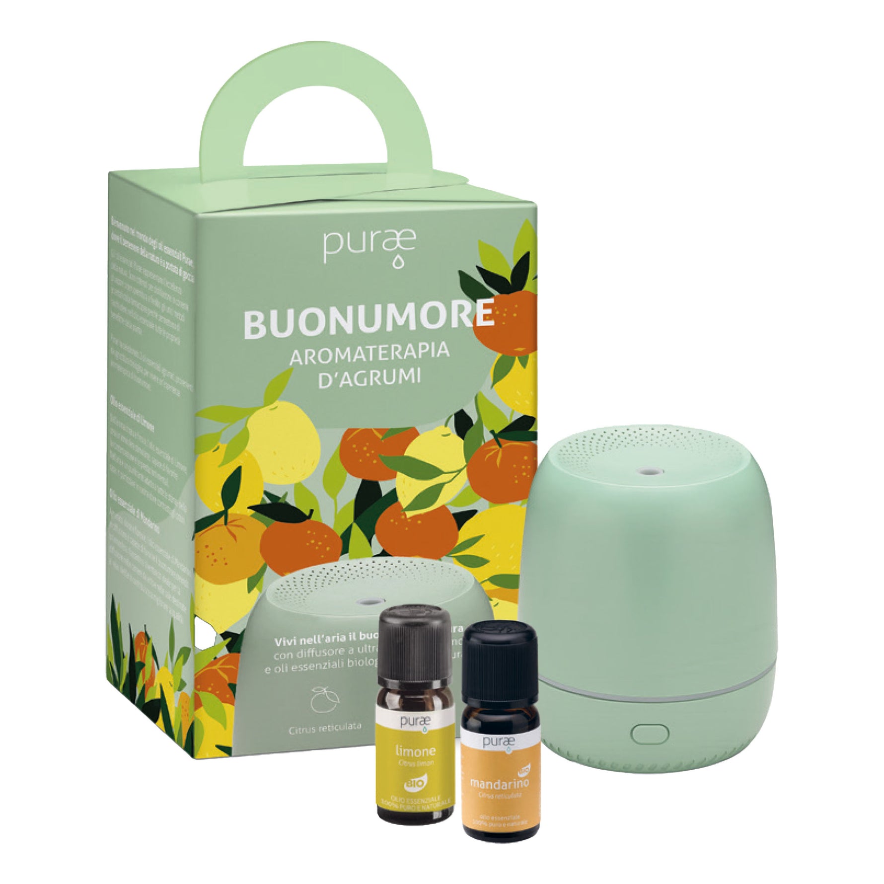 Purae Kit Aromaterapia D'Agrumi Con Diffusore Mini Timo + 2 Oli Essenziali Biologici Di Limone E Mandarino
