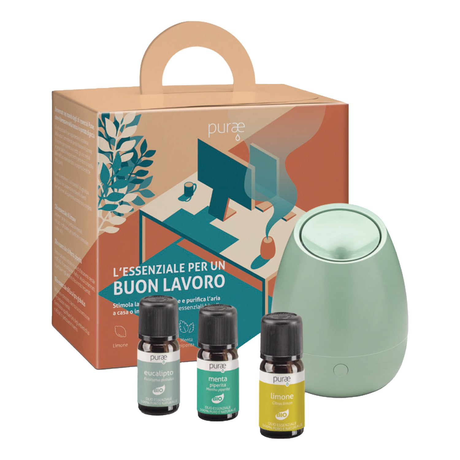 Purae Kit L'Essenziale Per Un Buon Lavoro Con Diffusore A Ultrasuoni Blossom Olive + Oli Essenziali