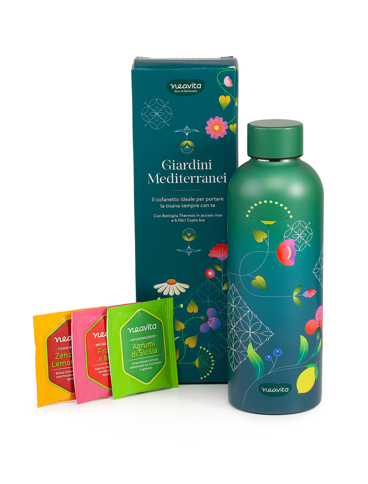 Neavita Cofanetto Giardini Mediterranei | Bottiglia Thermos 500ml + 6 Tisane Bio  