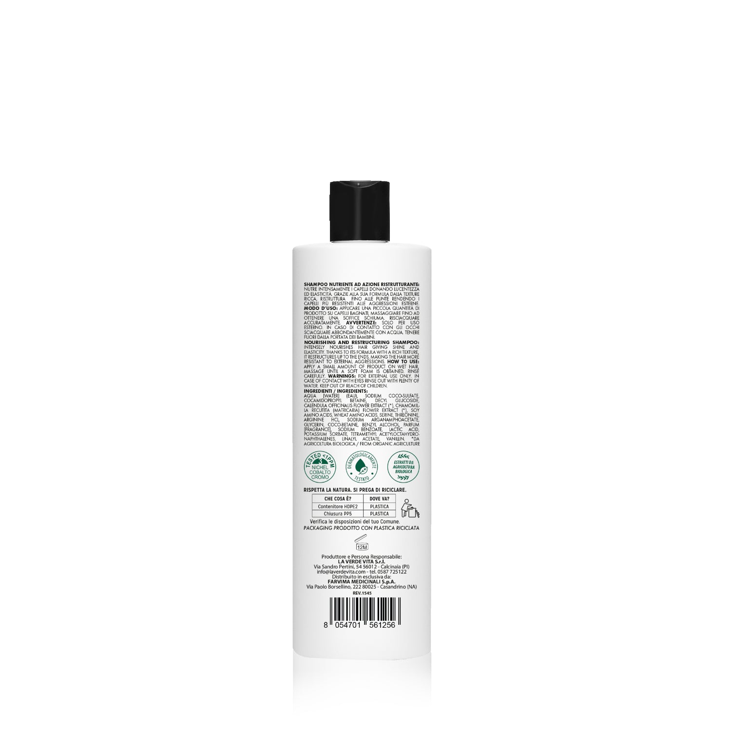 Kalucy Shampoo Nutriente 250 ml retro con modo d’uso e INCI