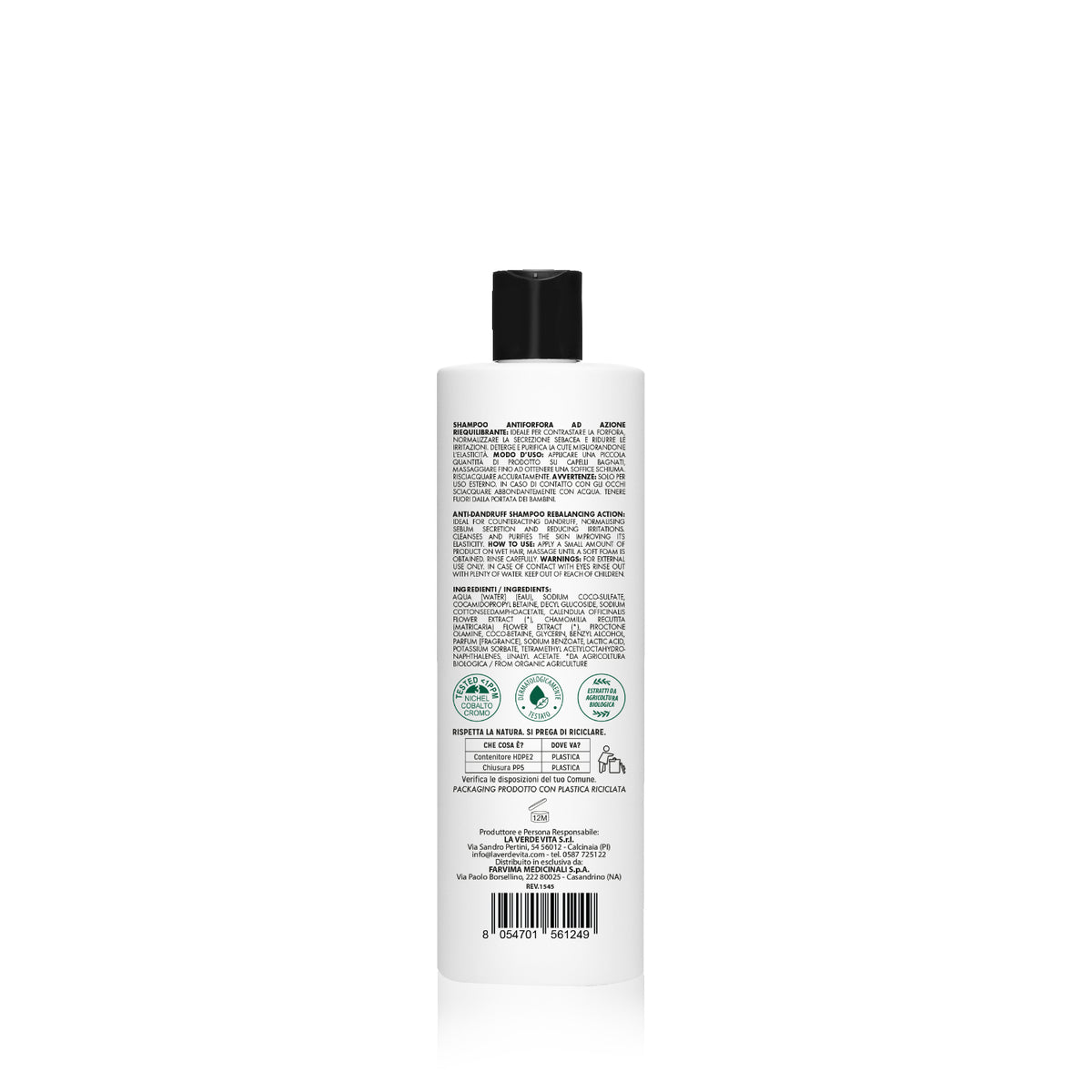 Kalucy Shampoo Antiforfora 250 ml retro con modo d’uso e INCI